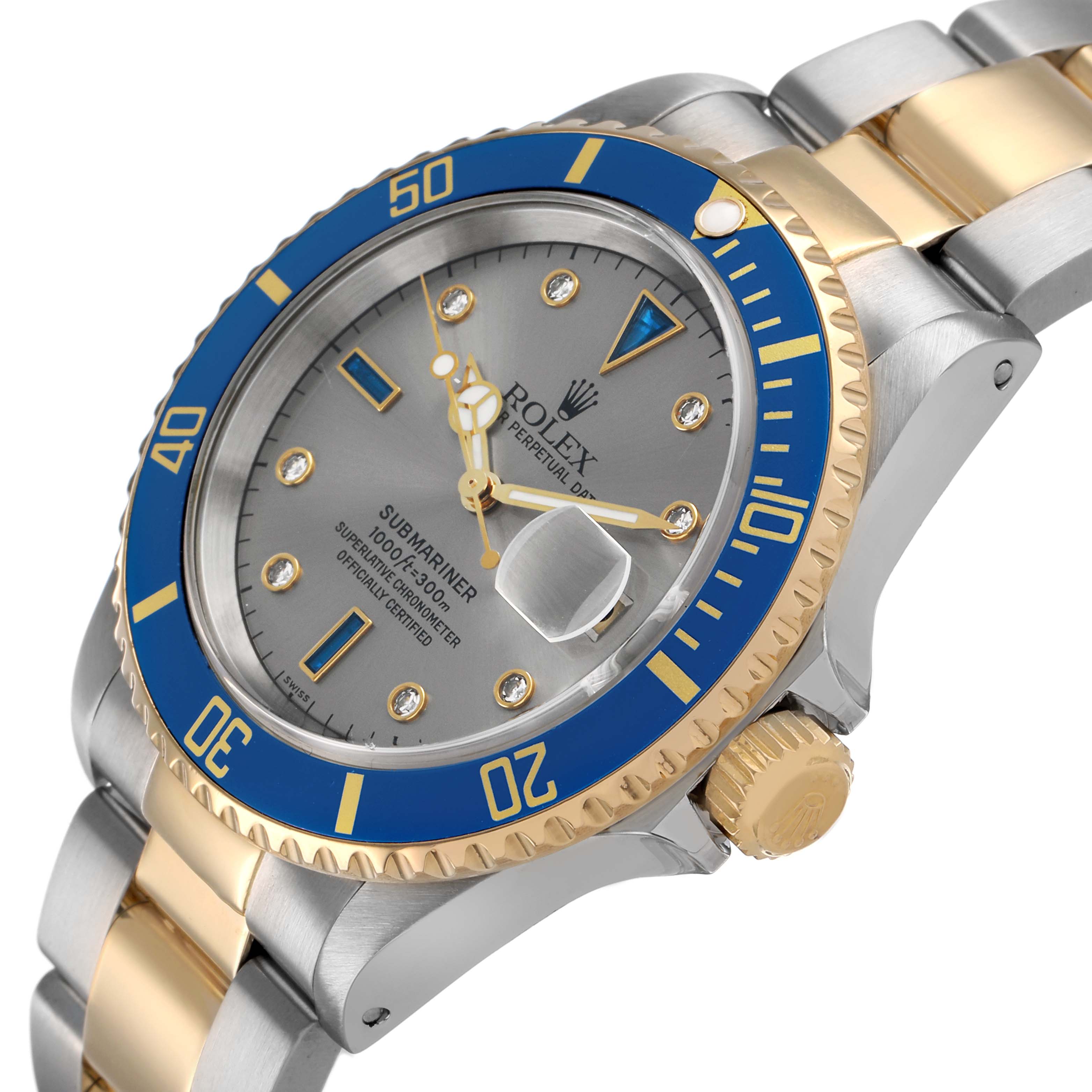 The Rolex Submariner 16613 Men's Steel and Gold (two tone) Champagne Dial is shown from an angled perspective highlighting the bezel, dial, crown, and partial bracelet.