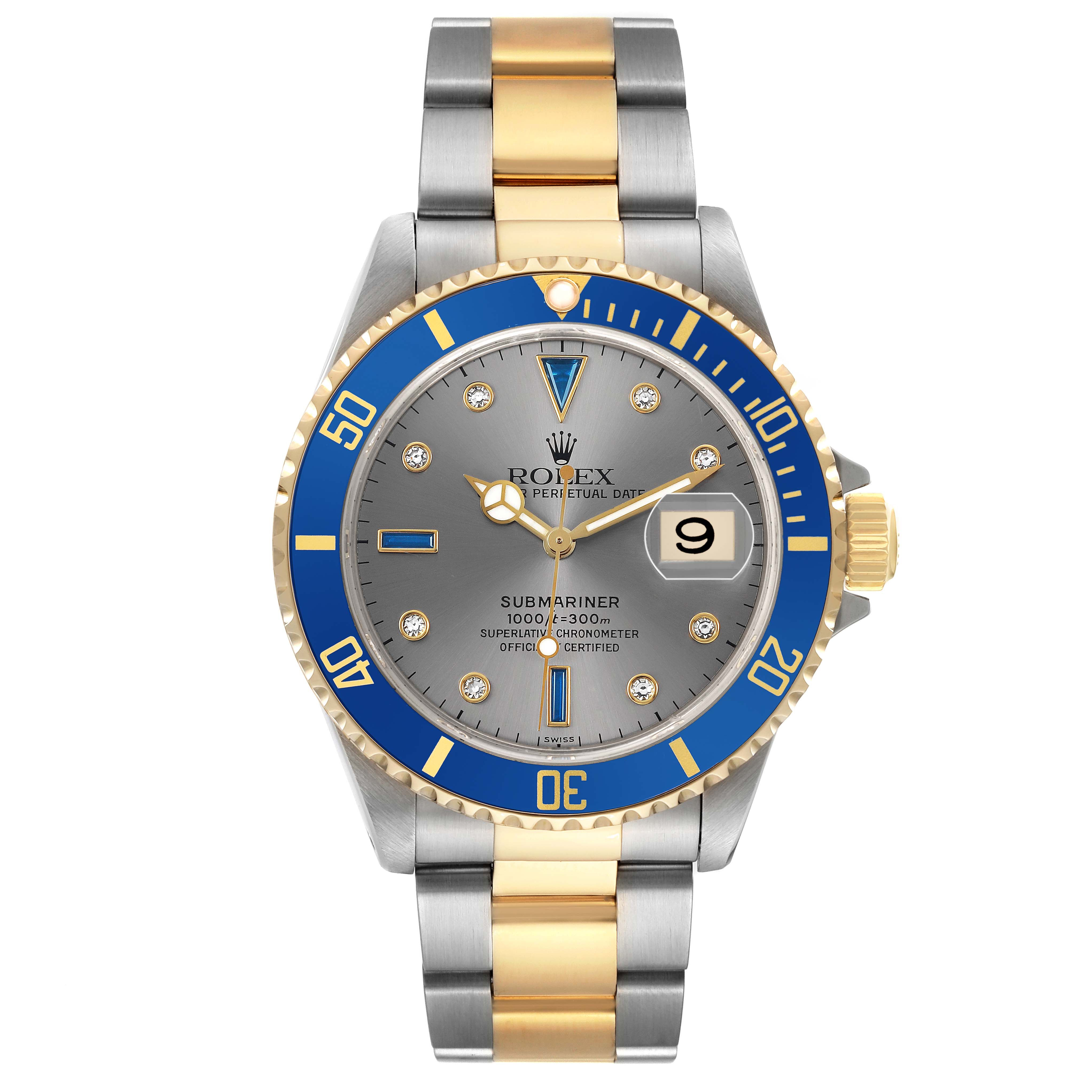 The Rolex Submariner 16613 Men's Steel and Gold (two tone) Champagne Dial watch is shown from a top-down angle, highlighting the dial, bezel, and bracelet.