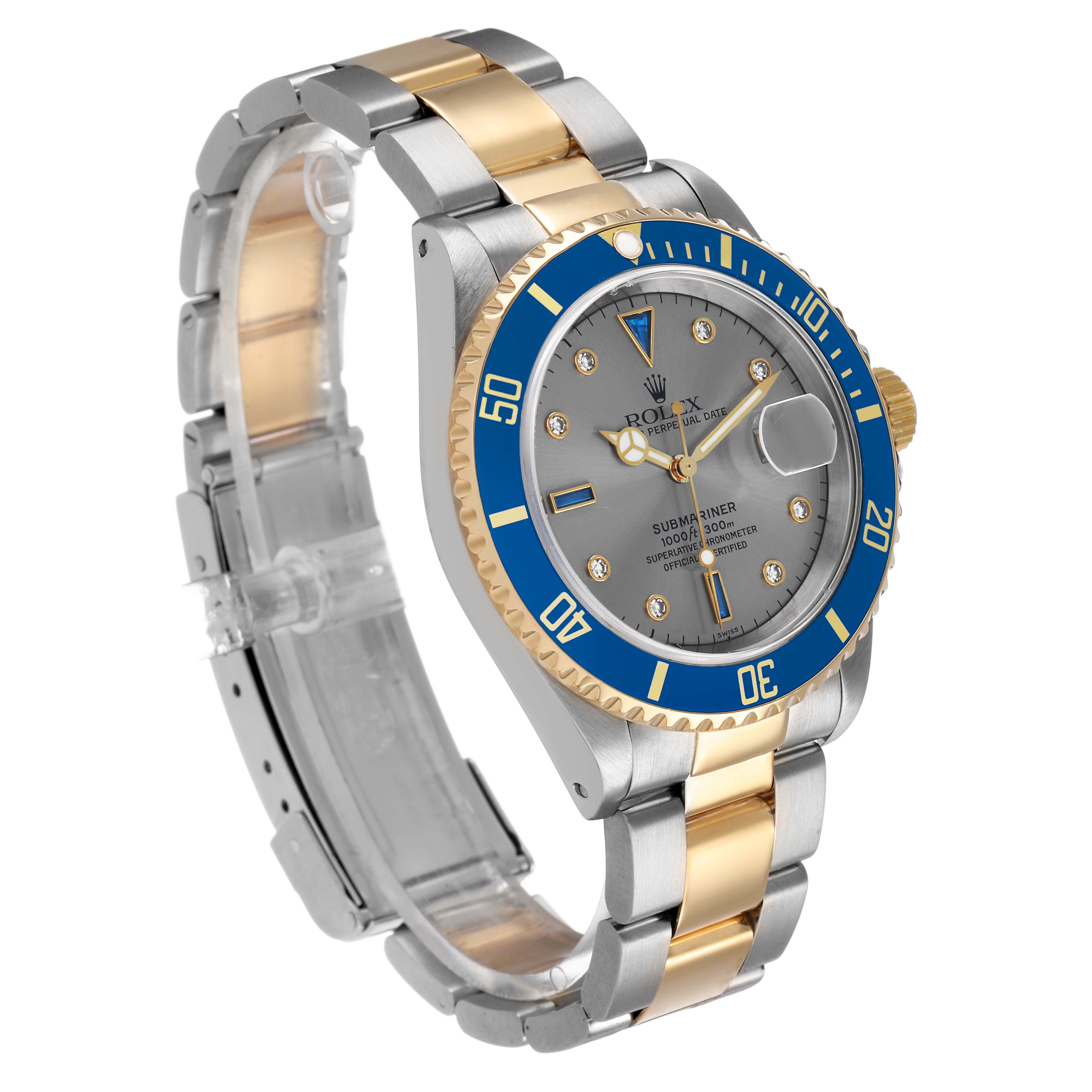 The Rolex Submariner 16613 Men's Steel and Gold (two tone) Champagne Dial watch is shown at an angle highlighting its bezel, dial, and bracelet, featuring a two-tone design.