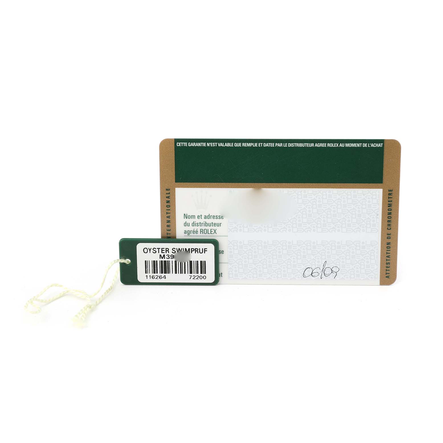 The image shows the back of a Rolex Turn-o-Graph 116264 Men's Stainless Steel White Dial warranty card and an Oyster Swimpruf tag.