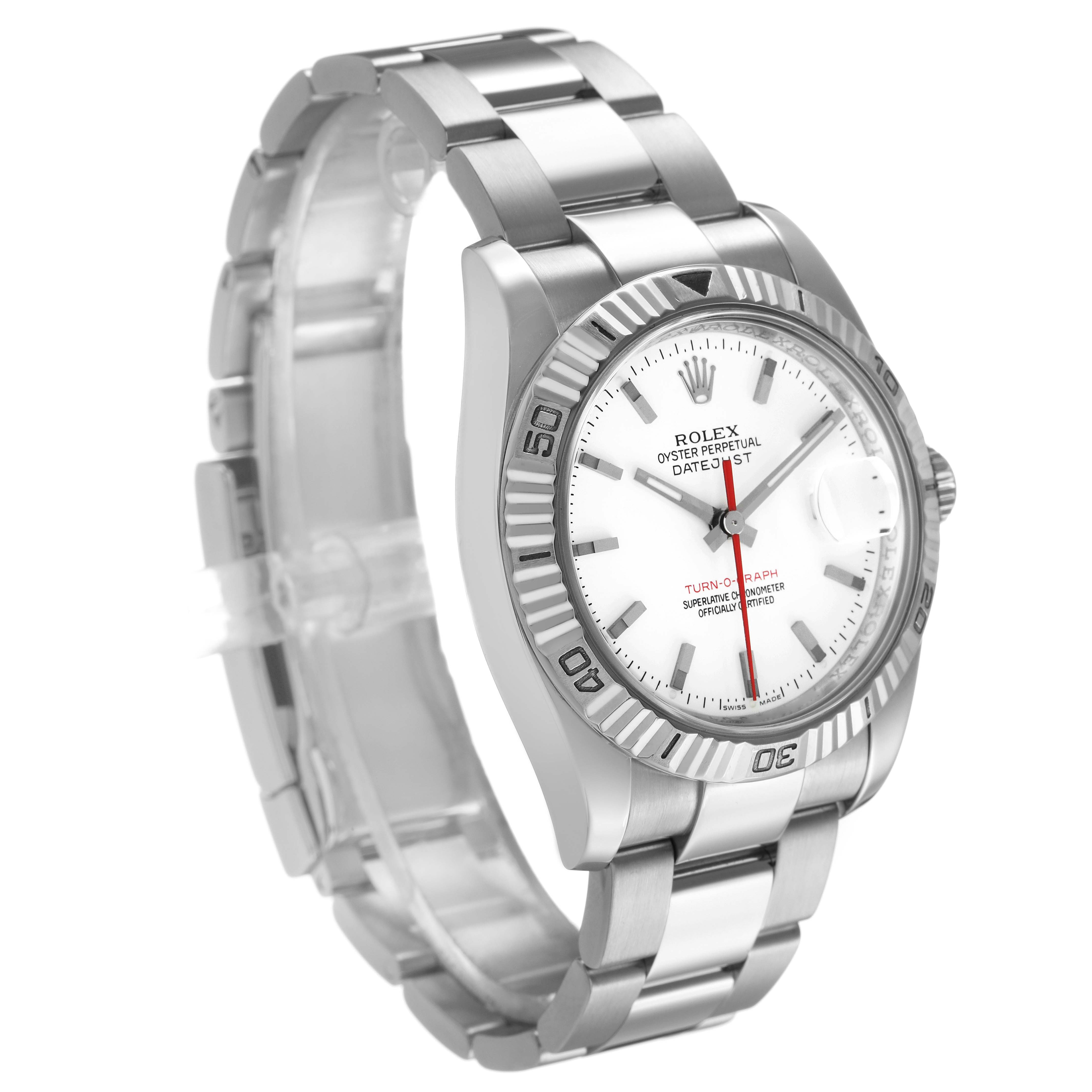 The Rolex Turn-o-Graph 116264 Men's Stainless Steel White Dial watch is shown at a three-quarter angle, highlighting the bracelet, bezel, and face with a clear view of the dial.
