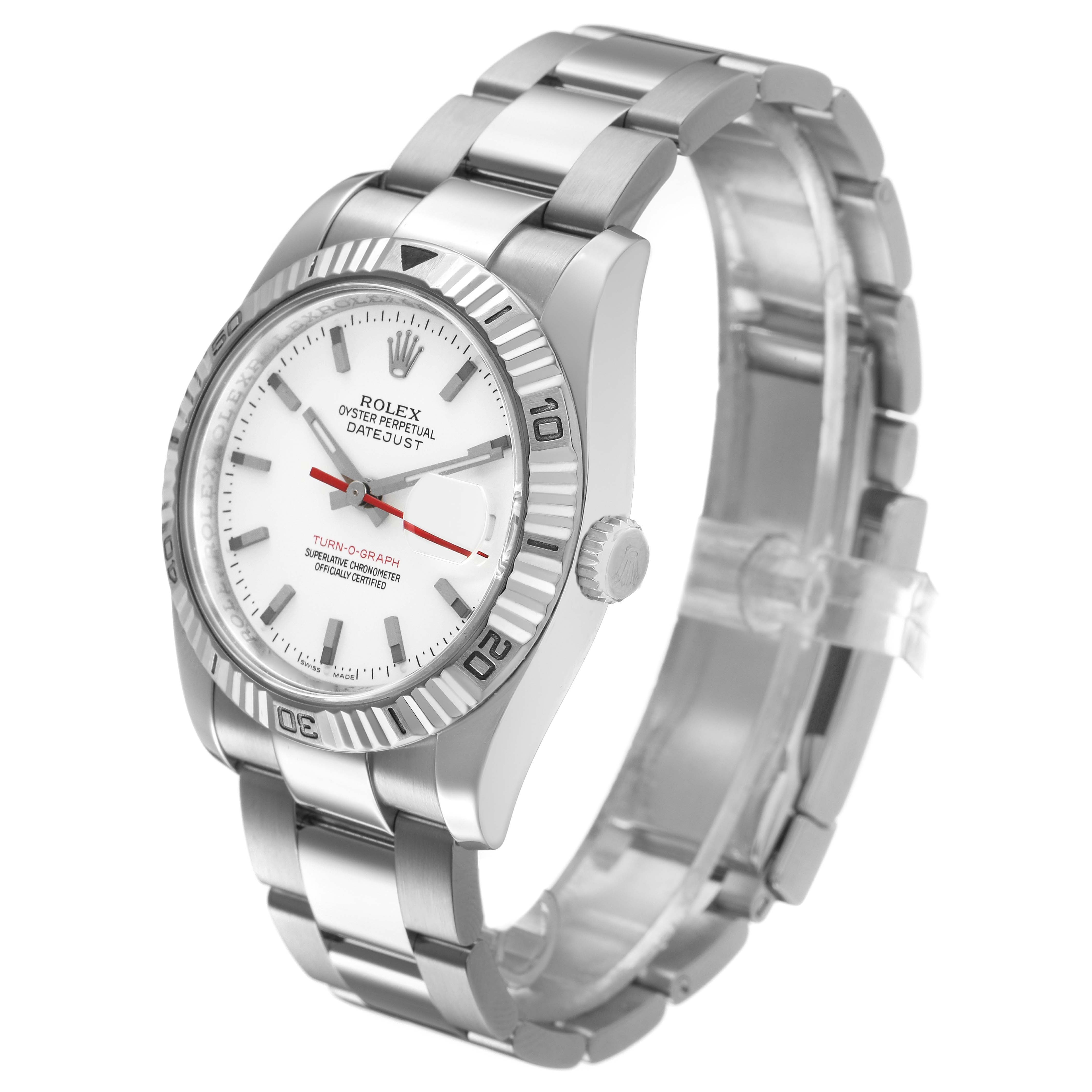 The Rolex Turn-o-Graph 116264 Men's Stainless Steel White Dial is shown at a slight angle, highlighting the face, bezel, and part of the bracelet.