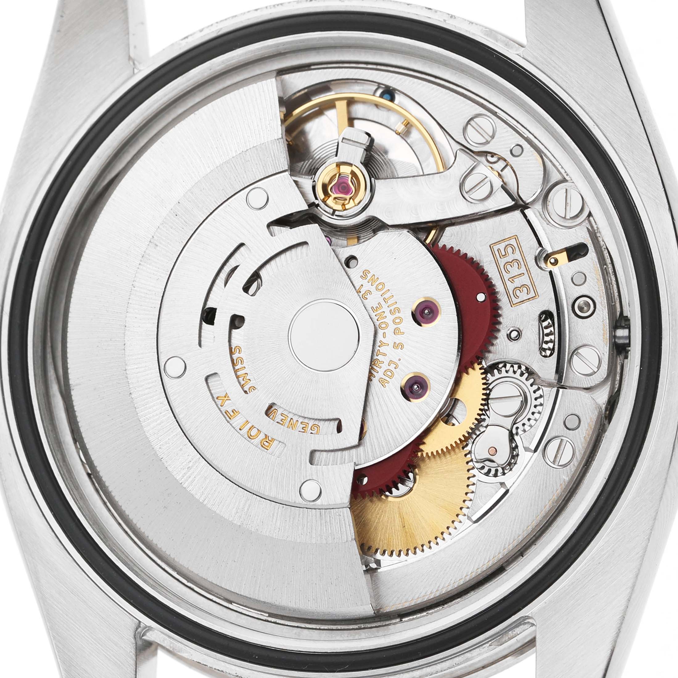 The image shows the movement of a Rolex Turn-o-Graph 116264 Men's Stainless Steel White Dial watch from the back, featuring gears and the rotor.