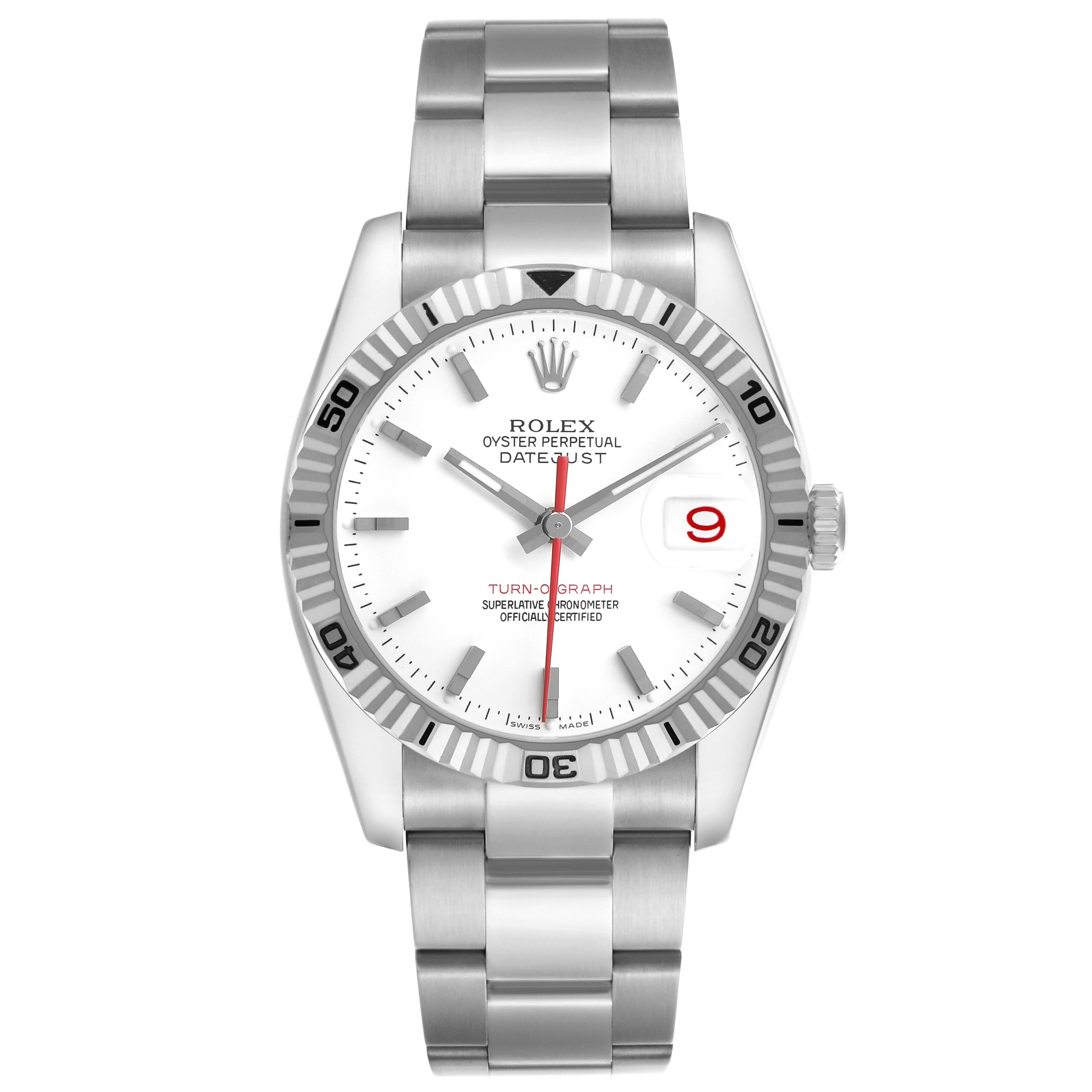The Rolex Turn-o-Graph 116264 Men's Stainless Steel White Dial watch is shown from a front angle, displaying the dial, bezel, hands, bracelet, and the date window.
