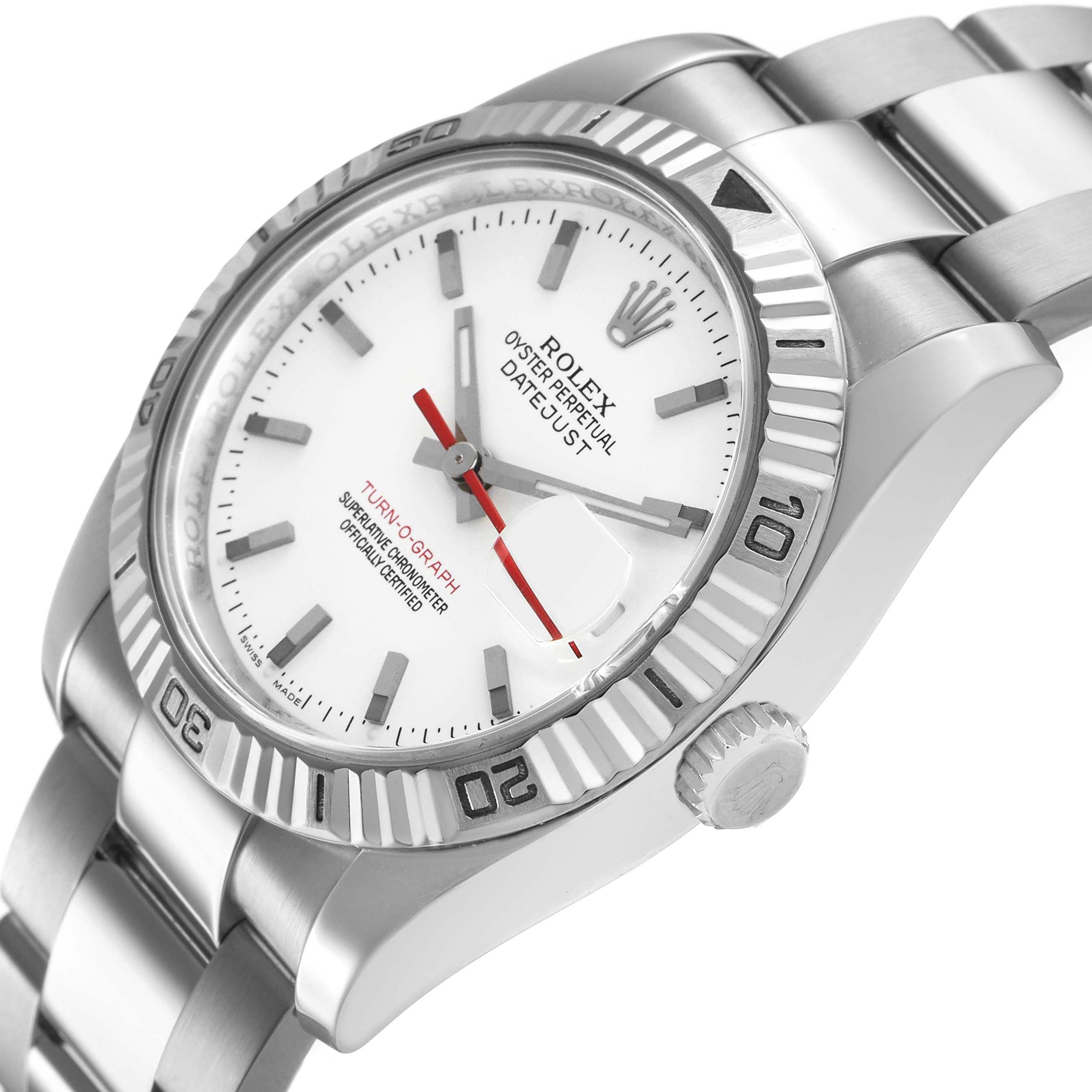 The Rolex Turn-o-Graph 116264 Men's Stainless Steel White Dial watch is shown at a slight angle, highlighting the face, bezel, crown, and metal bracelet.