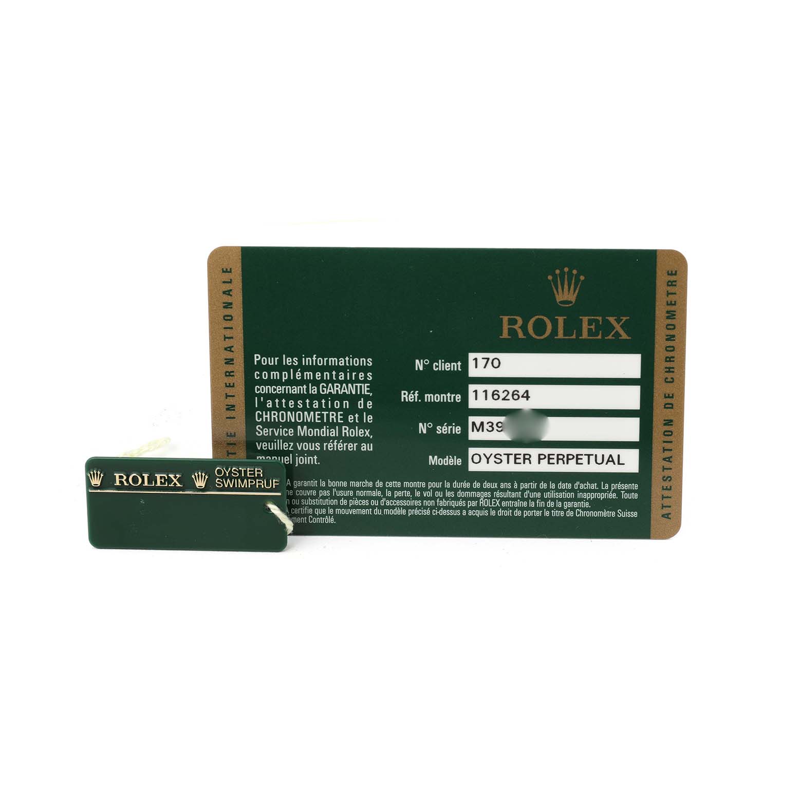 The image shows the warranty card and tag for the Rolex Turn-o-Graph 116264 Men's Stainless Steel White Dial model, featuring the Oyster Perpetual branding.