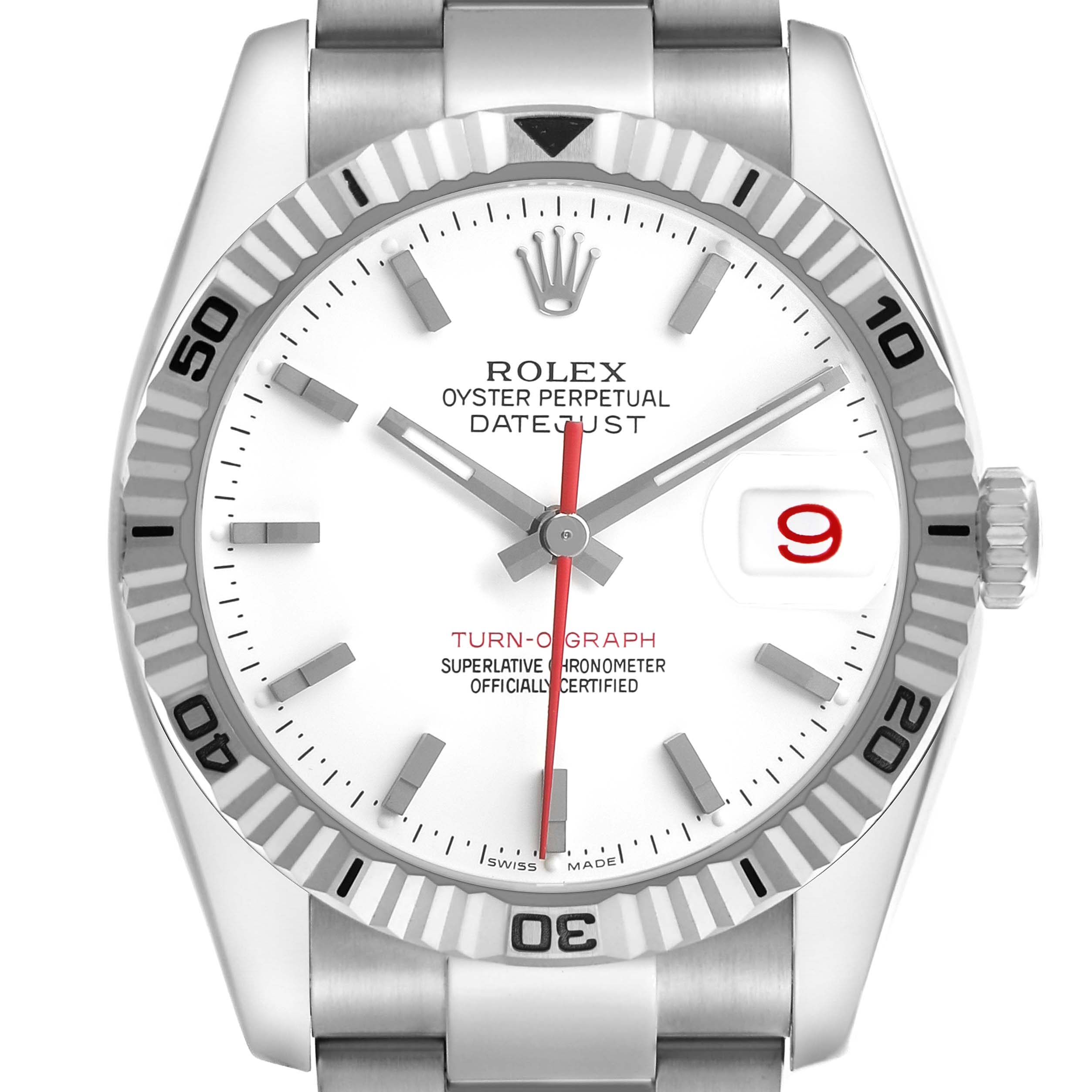 The image shows a Rolex Turn-o-Graph 116264 Men's Stainless Steel White Dial watch face-on, displaying the dial, bezel, crown, and part of the bracelet.