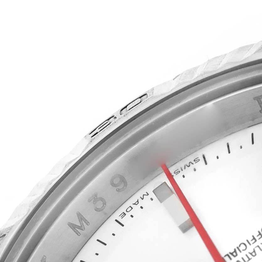 The image shows a close-up of the bezel, dial edge, and red second hand of a Rolex Turn-o-Graph 116264 Men's Stainless Steel White Dial watch.