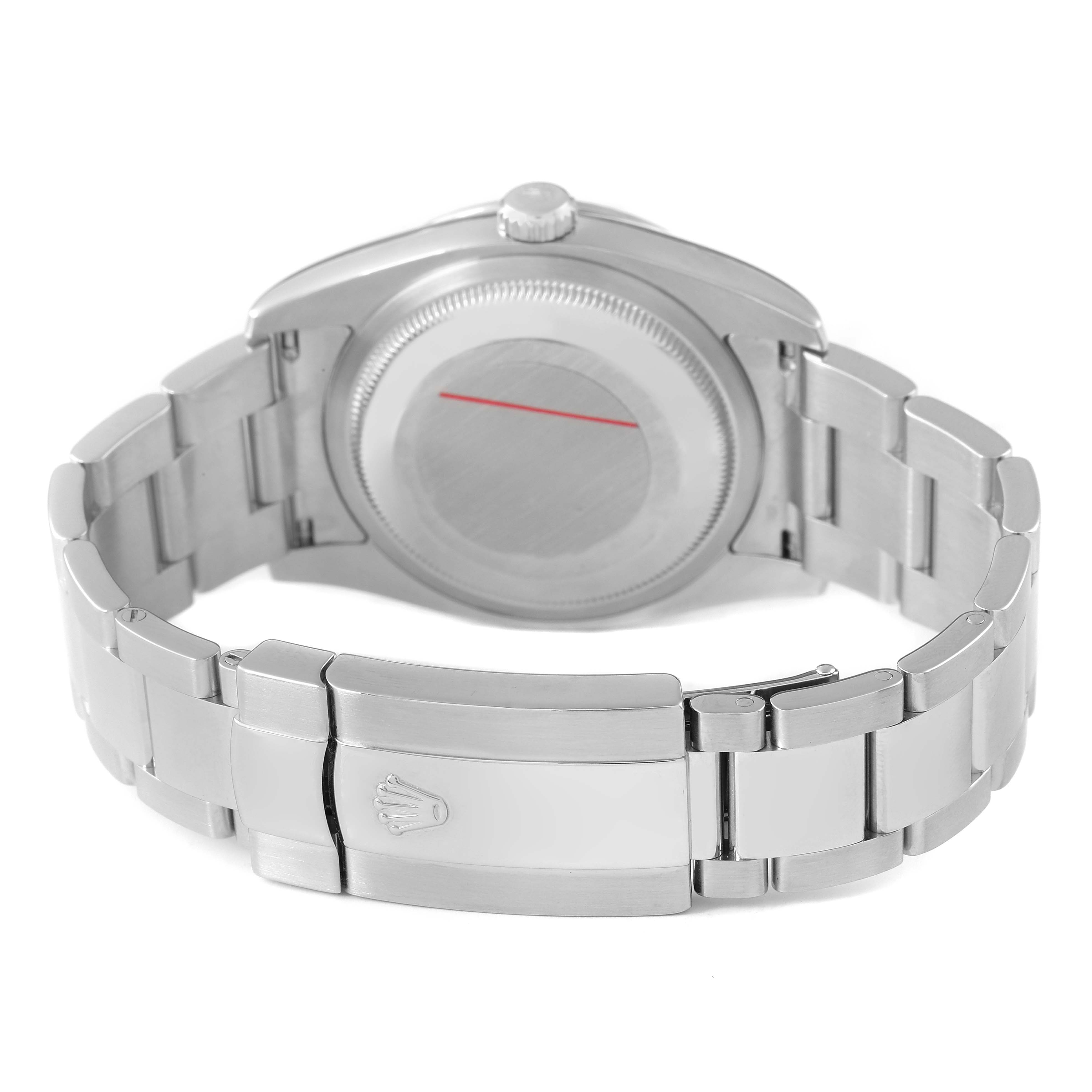 The Rolex Turn-o-Graph 116264 Men's Stainless Steel White Dial watch is shown from the back, displaying its clasp, case back, and bracelet links.
