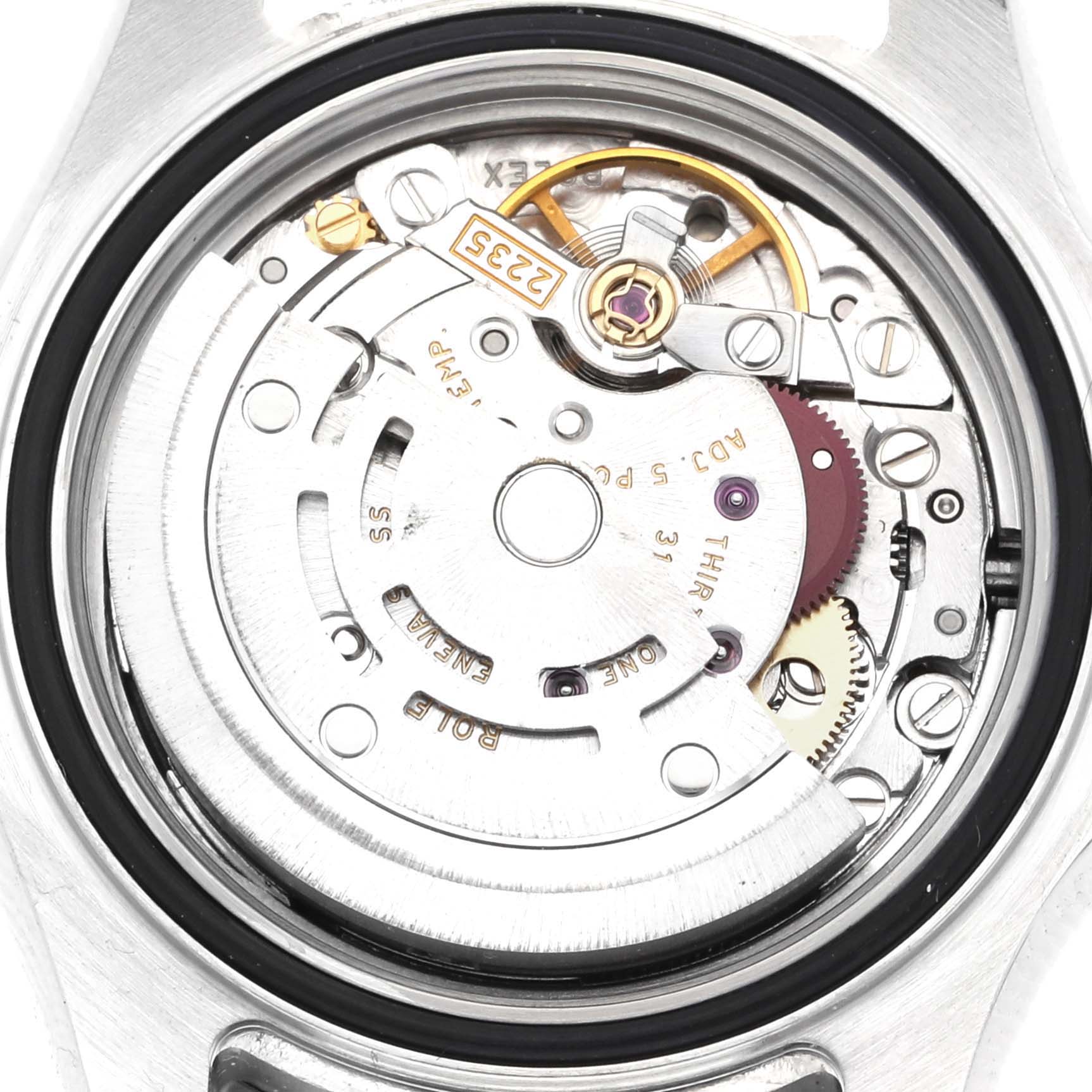 This image shows the internal movement mechanism of a Rolex Yacht-Master 169622 Women's Stainless Steel Grey Dial 169622 Women's Stainless Steel Grey Dial watch from a rear angle.