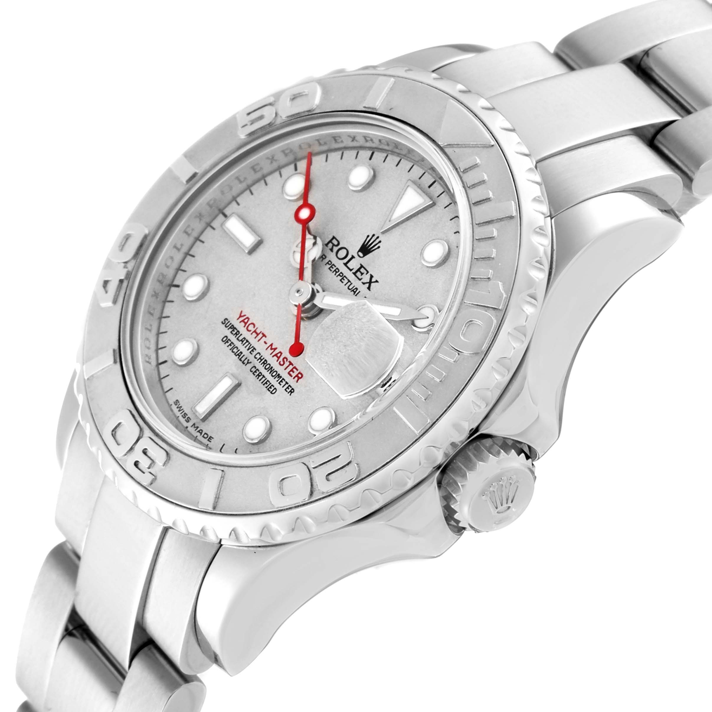 The image shows a side angle view of the Rolex Yacht-Master 169622 Women's Stainless Steel Grey Dial 169622 Women's Stainless Steel Grey Dial watch, highlighting the face, bezel, and bracelet.