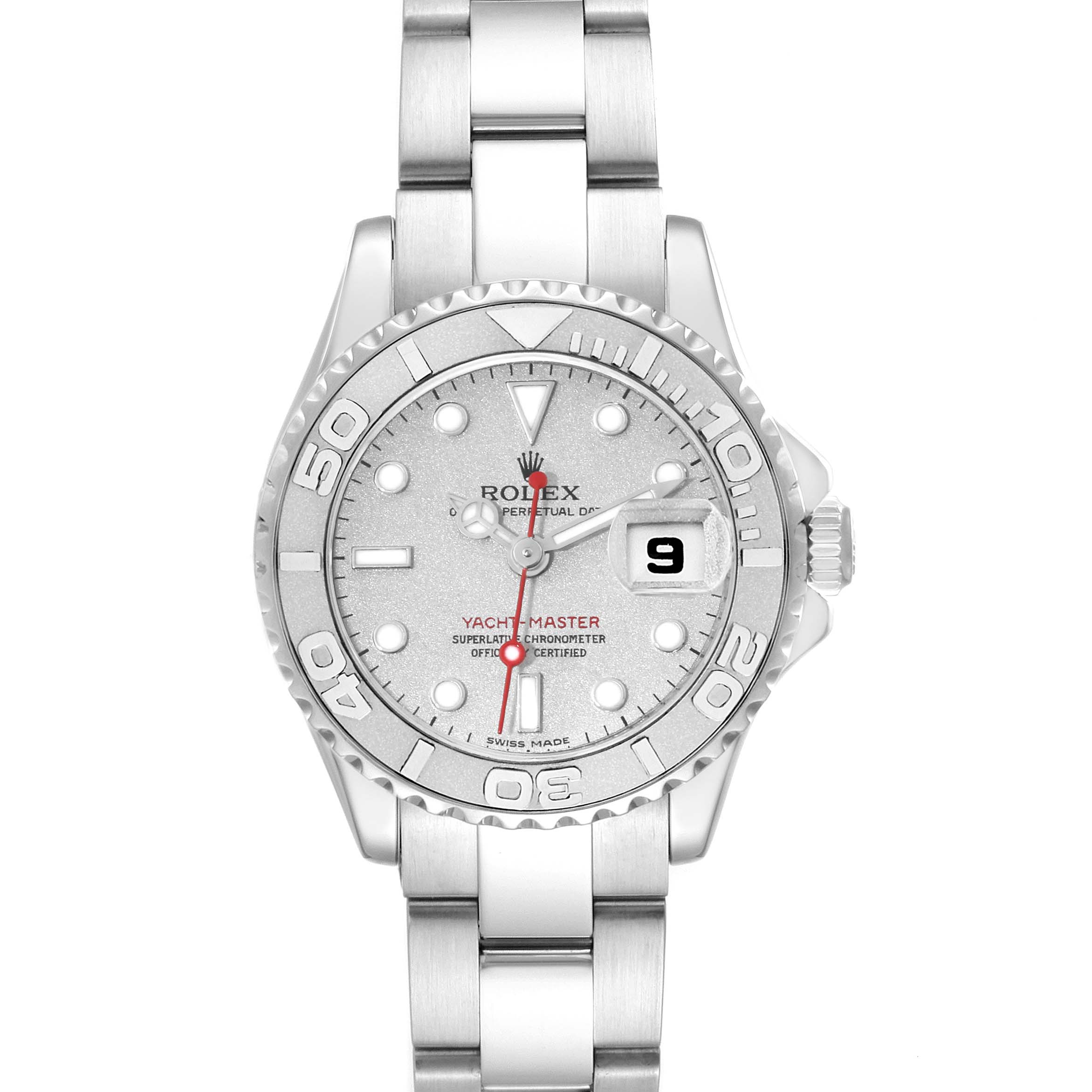 This image shows the front view of a Rolex Yacht-Master 169622 Women's Stainless Steel Grey Dial 169622 Women's Stainless Steel Grey Dial watch, highlighting its dial, bezel, and bracelet.