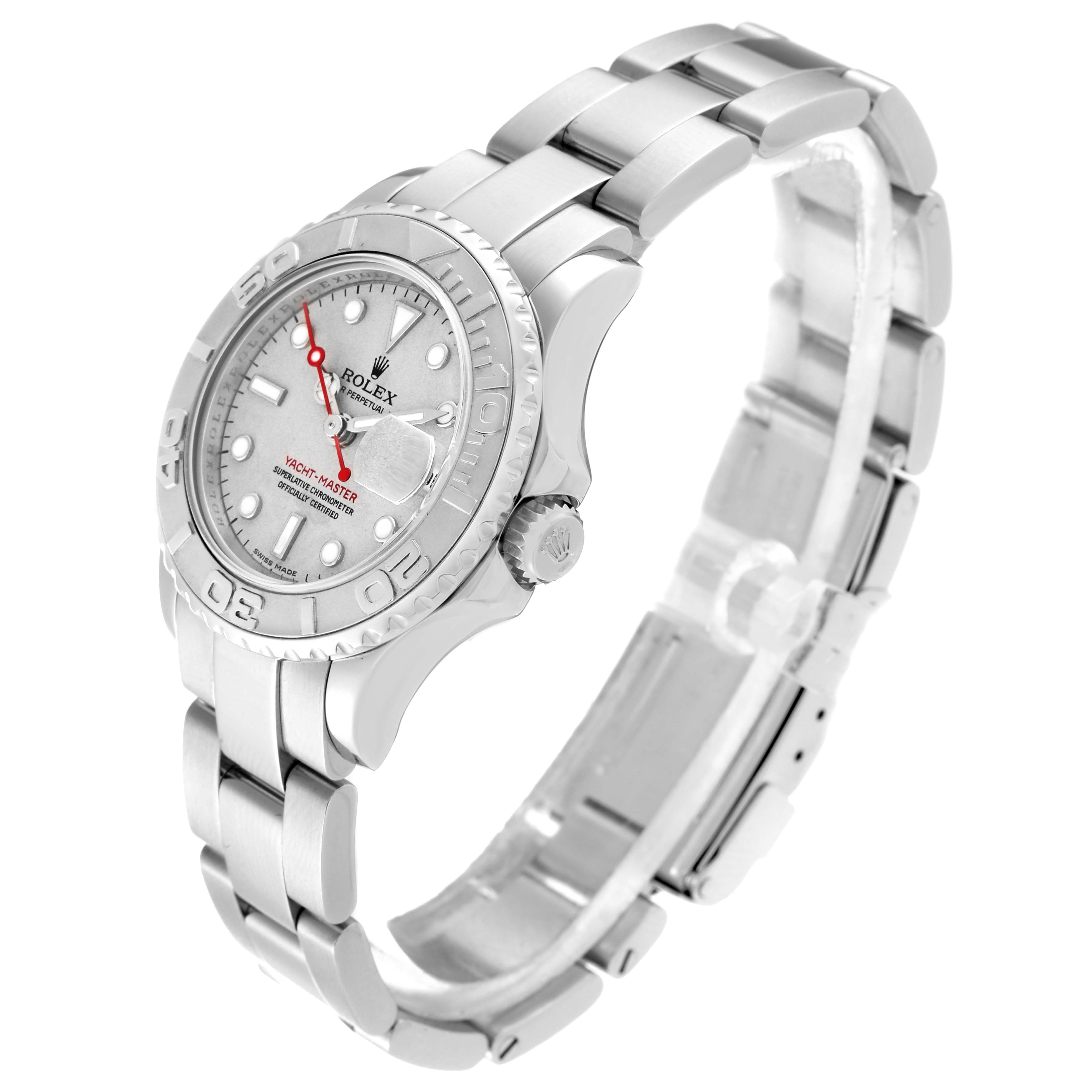 The Rolex Yacht-Master 169622 Women's Stainless Steel Grey Dial 169622 Women's Stainless Steel Grey Dial watch is shown at an angle highlighting the dial, bezel, crown, and part of the bracelet.