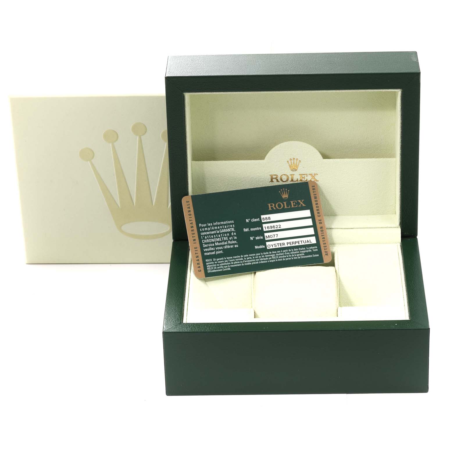 The image shows the open box and warranty card for the Rolex Yacht-Master 169622 Women's Stainless Steel Grey Dial 169622 Women's Stainless Steel Grey Dial watch.