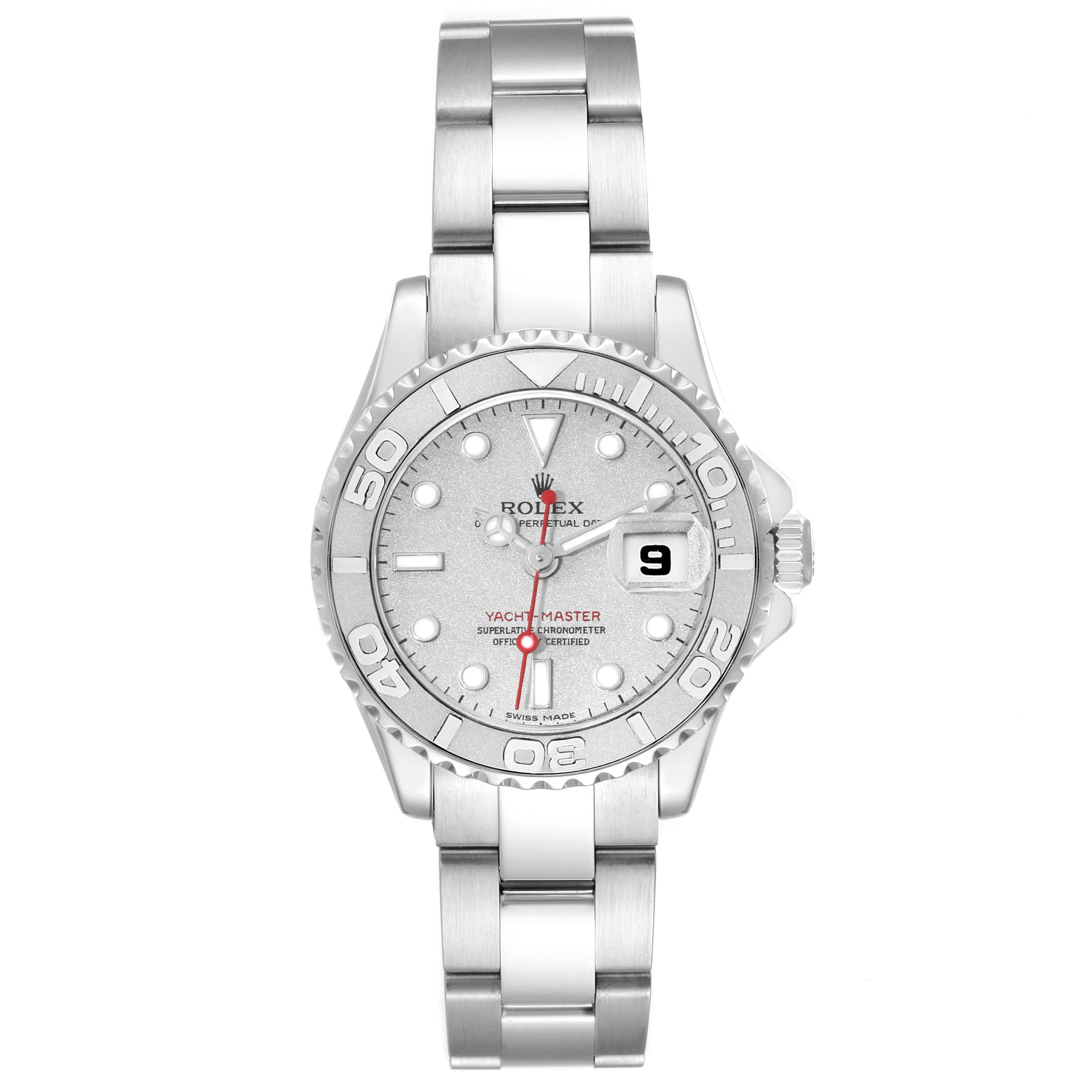 The image shows a frontal view of the Rolex Yacht-Master 169622 Women's Stainless Steel Grey Dial 169622 Women's Stainless Steel Grey Dial watch, including its bracelet, bezel, crown, and dial with date indicator.