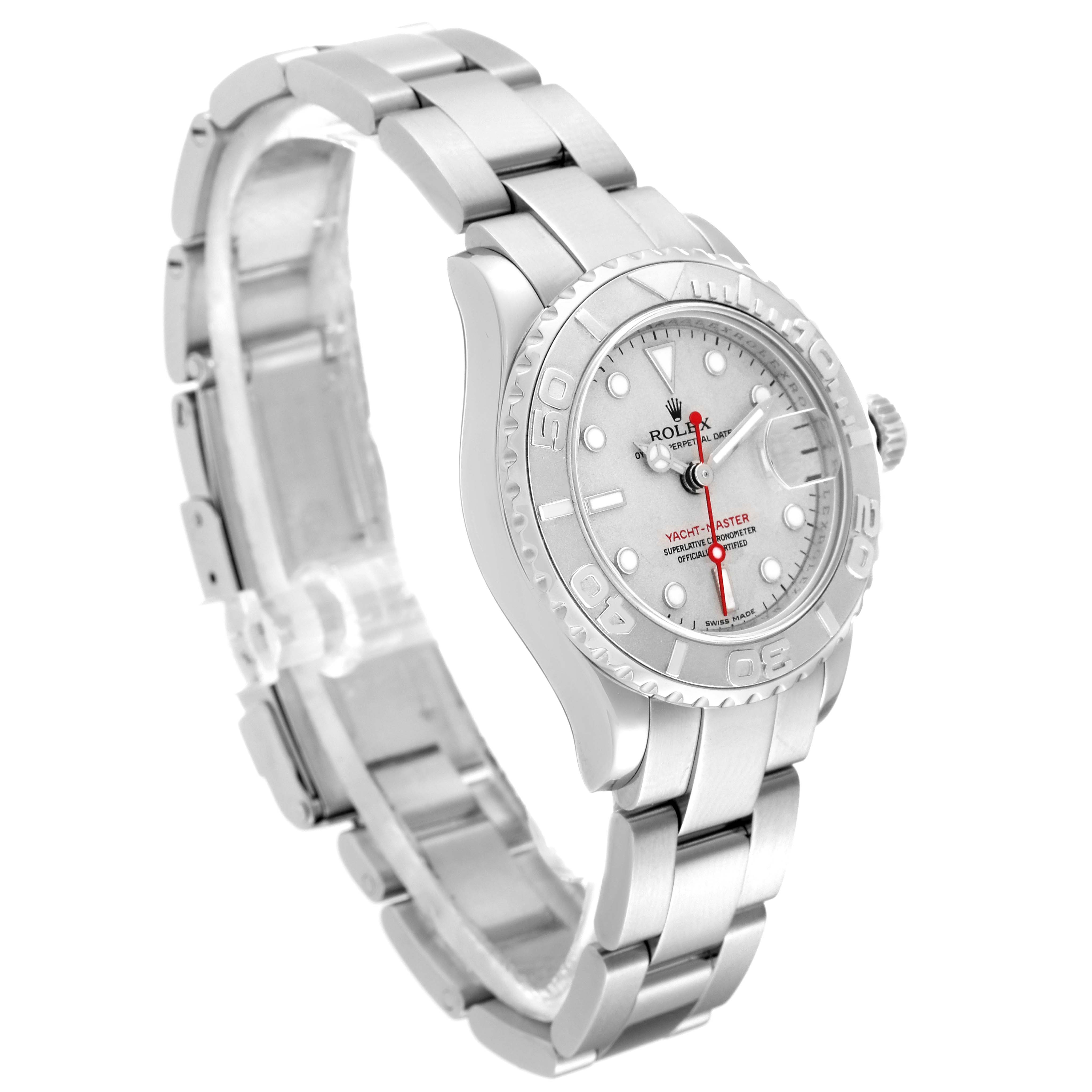 The image shows a side angle of a Rolex Yacht-Master 169622 Women's Stainless Steel Grey Dial 169622 Women's Stainless Steel Grey Dial watch, highlighting its stainless steel band and detailed dial.