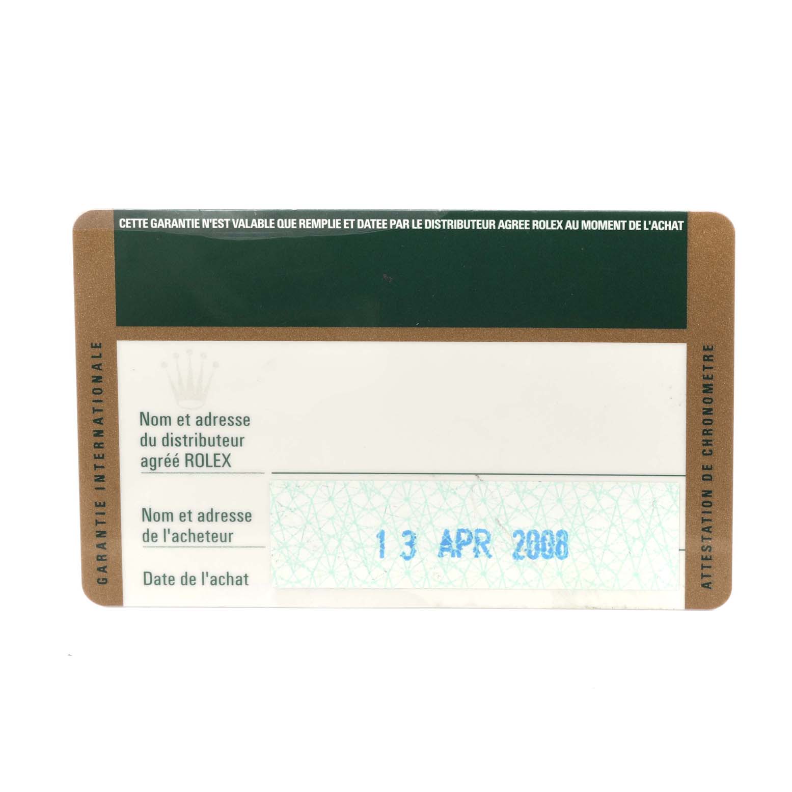 This image shows a warranty card for a Rolex Yacht-Master 169622 Women's Stainless Steel Grey Dial 169622 Women's Stainless Steel Grey Dial model.