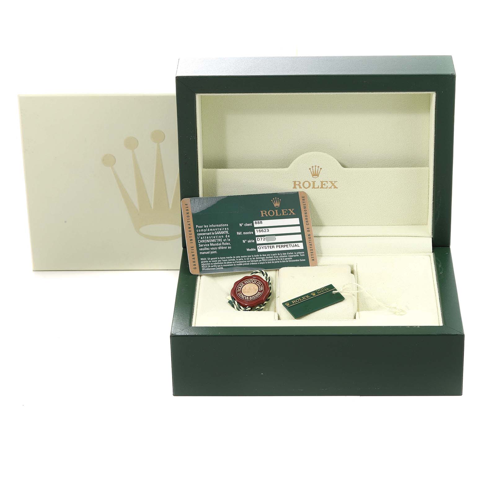 This image shows a Rolex Yacht-Master 16623 Men
s Steel and Gold (two tone) Blue Dial 16623 Men
s Steel and Gold (two tone) Blue Dial watch box with an Best Quality
ity card and tags from a front angle.