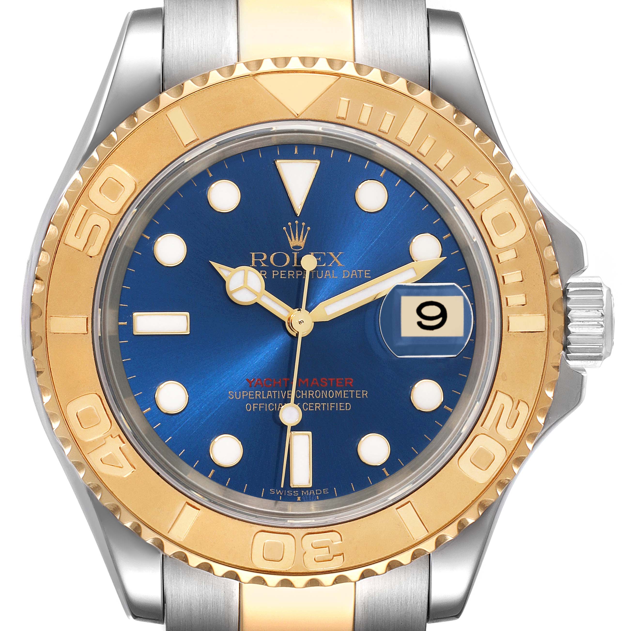 The image shows a close-up of the Rolex Yacht-Master 16623 Men
s Steel and Gold (two tone) Blue Dial 16623 Men
s Steel and Gold (two tone) Blue Dial watch face, bezel, and part of the band.