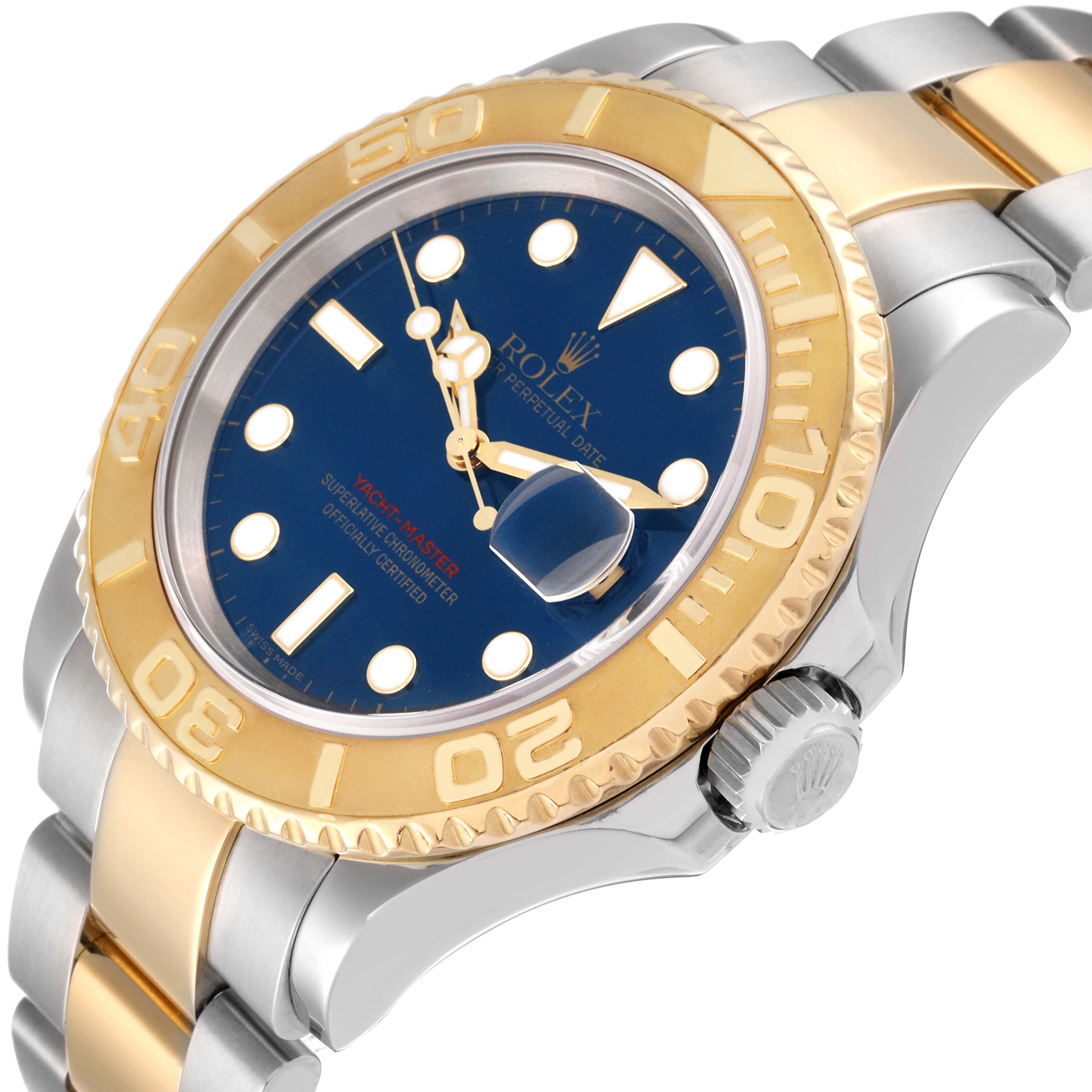 The image shows a close-up angled view of the Rolex Yacht-Master 16623 Men
s Steel and Gold (two tone) Blue Dial 16623 Men
s Steel and Gold (two tone) Blue Dial watch, highlighting its gold bezel, blue dial, and bracelet.