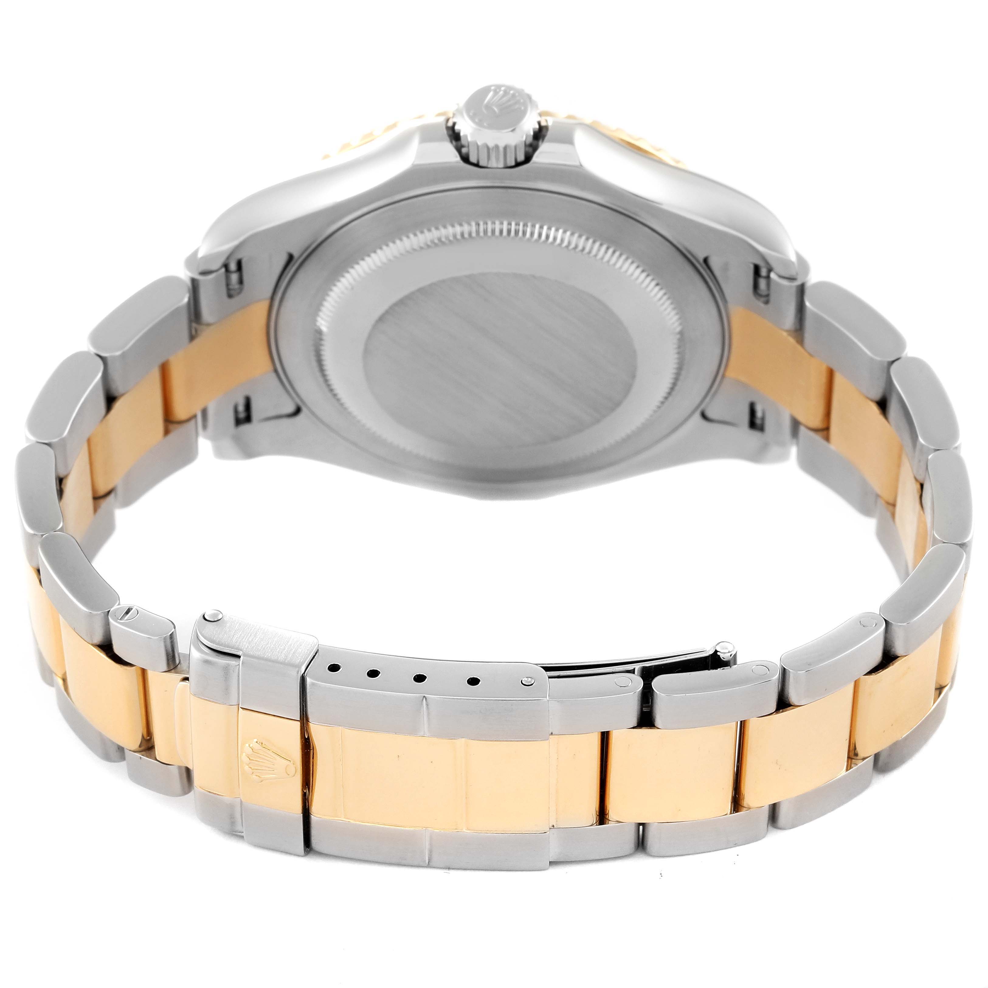The image shows the back and bracelet of a Rolex Yacht-Master 16623 Men
s Steel and Gold (two tone) Blue Dial 16623 Men
s Steel and Gold (two tone) Blue Dial watch, highlighting the clasp and case back.