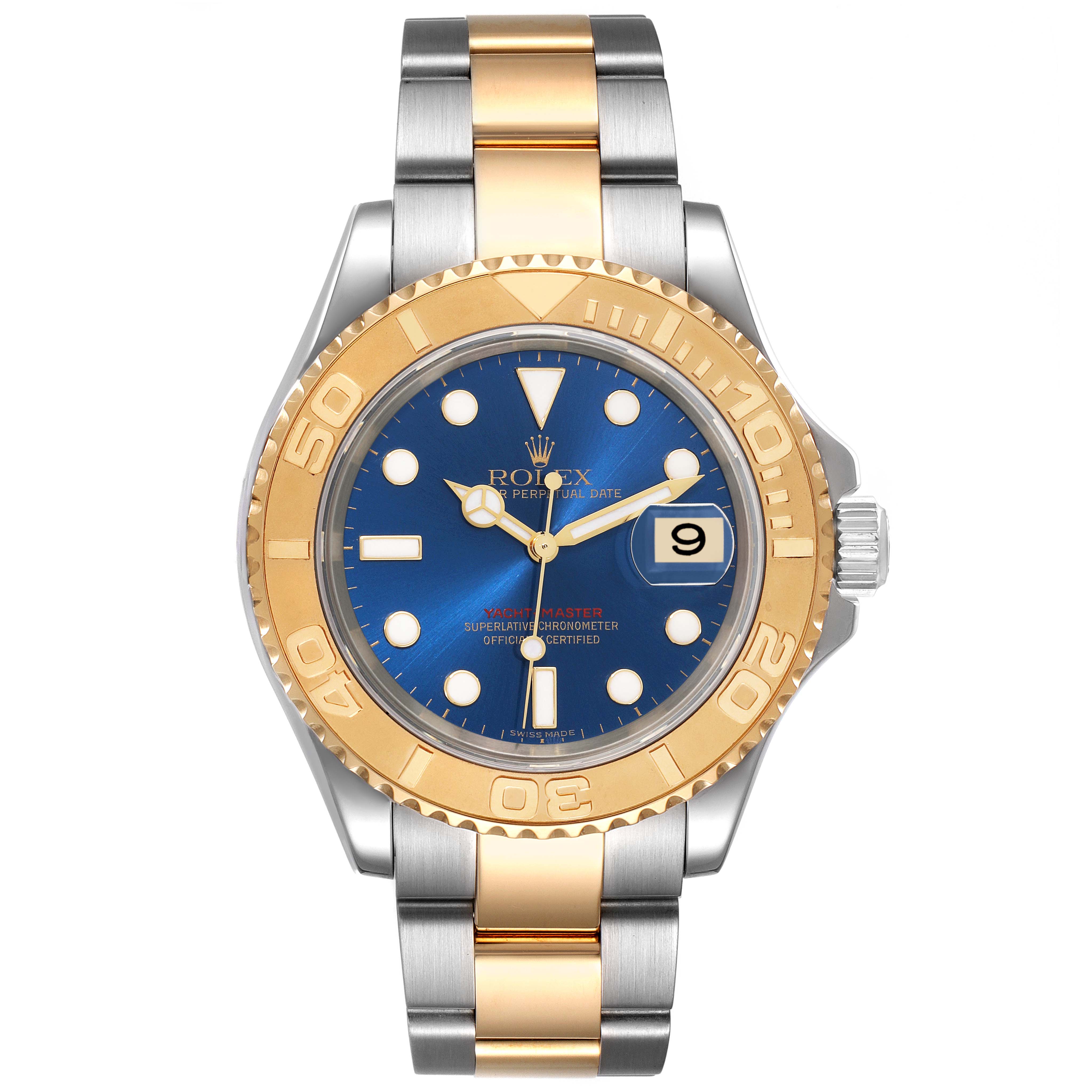 This image shows a front view of the Rolex Yacht-Master 16623 Men
s Steel and Gold (two tone) Blue Dial 16623 Men
s Steel and Gold (two tone) Blue Dial watch, highlighting its gold bezel, blue dial, and two-tone bracelet.