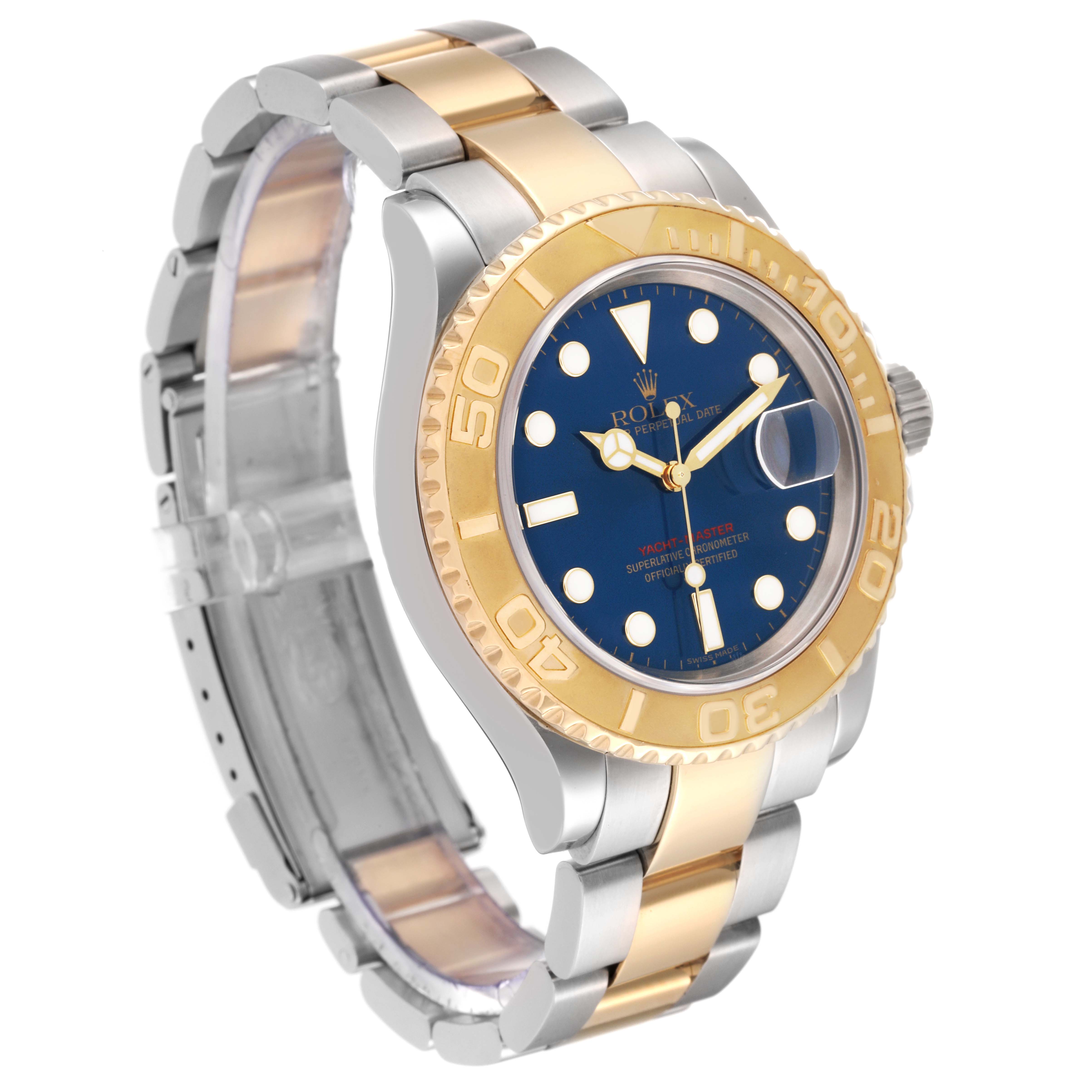 The image displays a side angle of the Rolex Yacht-Master 16623 Men
s Steel and Gold (two tone) Blue Dial 16623 Men
s Steel and Gold (two tone) Blue Dial watch, highlighting its dial, bezel, and bracelet.