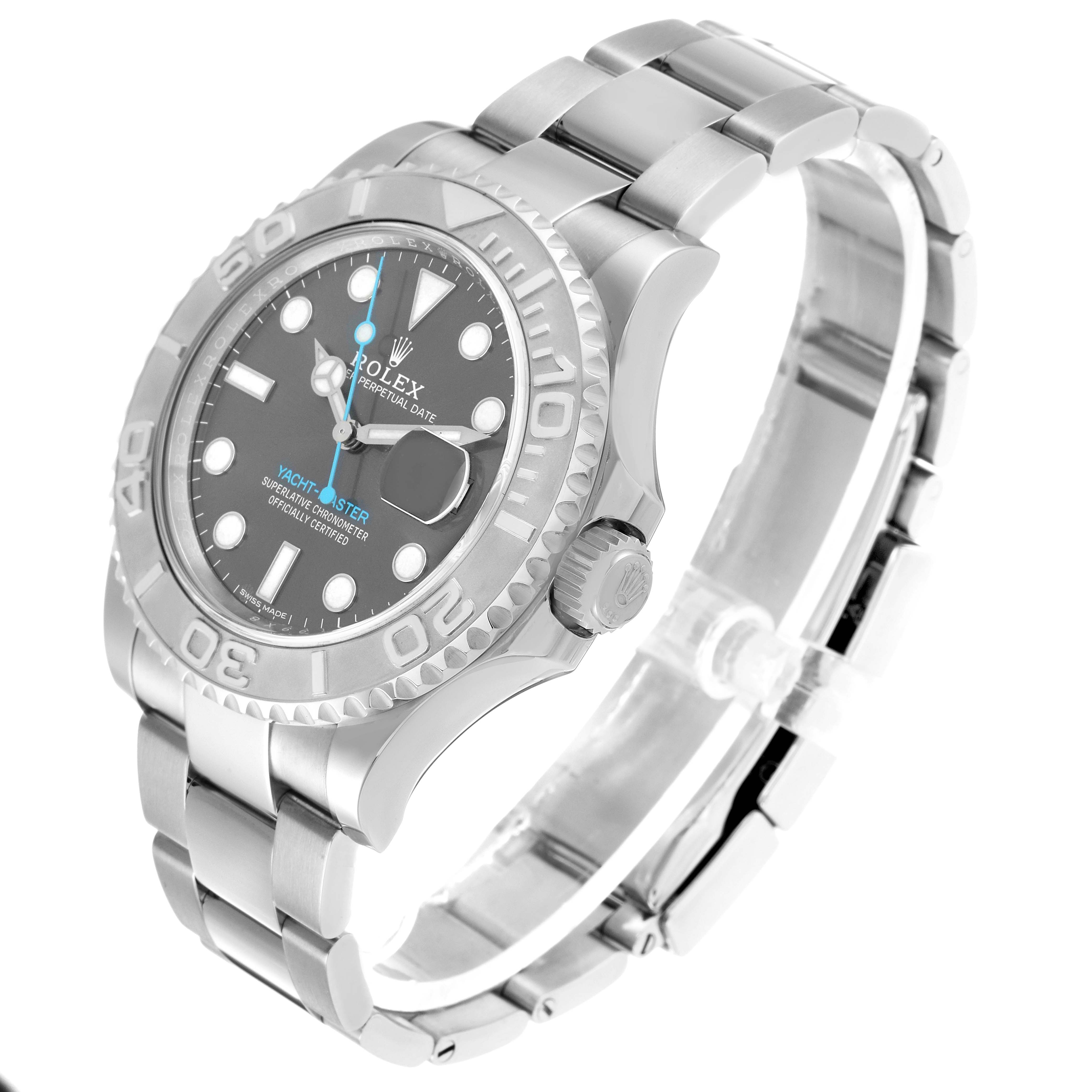 This Rolex Yacht-Master 116622 Men's Stainless Steel Grey Dial watch is shown at an angled side view, displaying the dial, bezel, crown, and bracelet clearly.