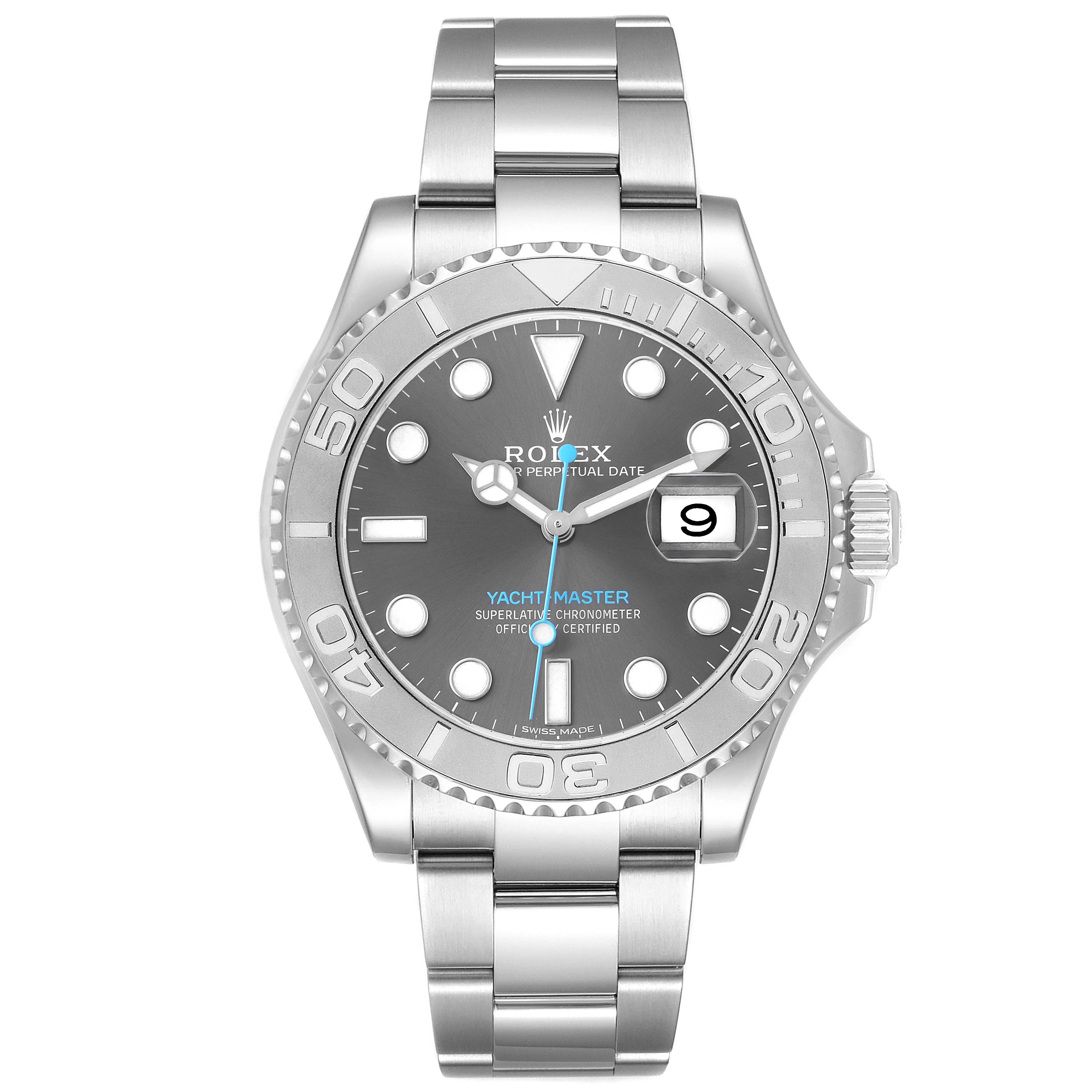 The Rolex Yacht-Master 116622 Men's Stainless Steel Grey Dial watch is shown from a front angle, displaying the face, bezel, bracelet, and date window.