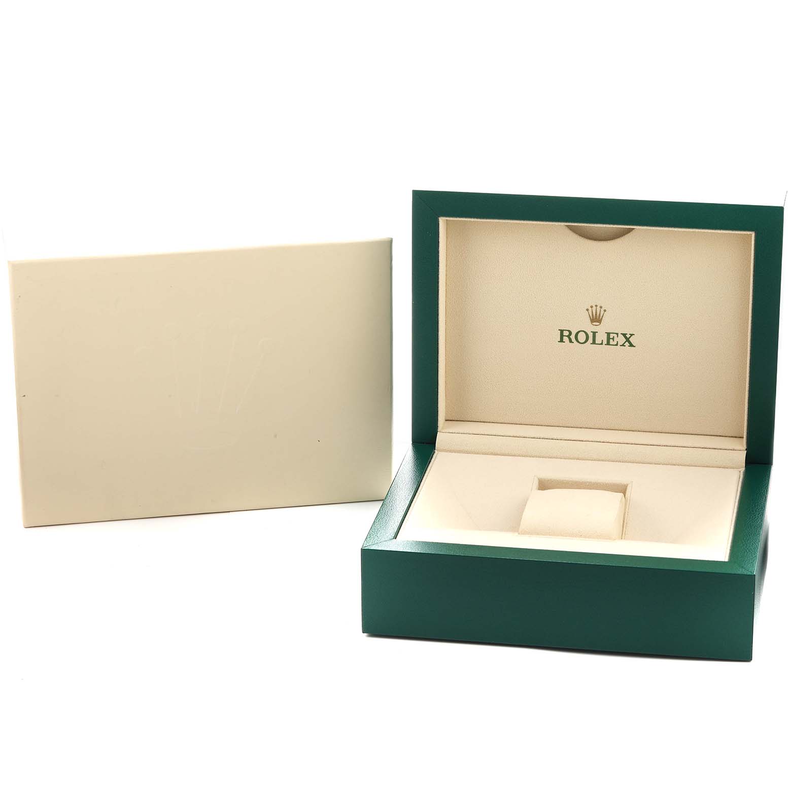 The image shows a green and beige Rolex Yacht-Master 116622 Men's Stainless Steel Grey Dial watch box and outer sleeve from a front angle.