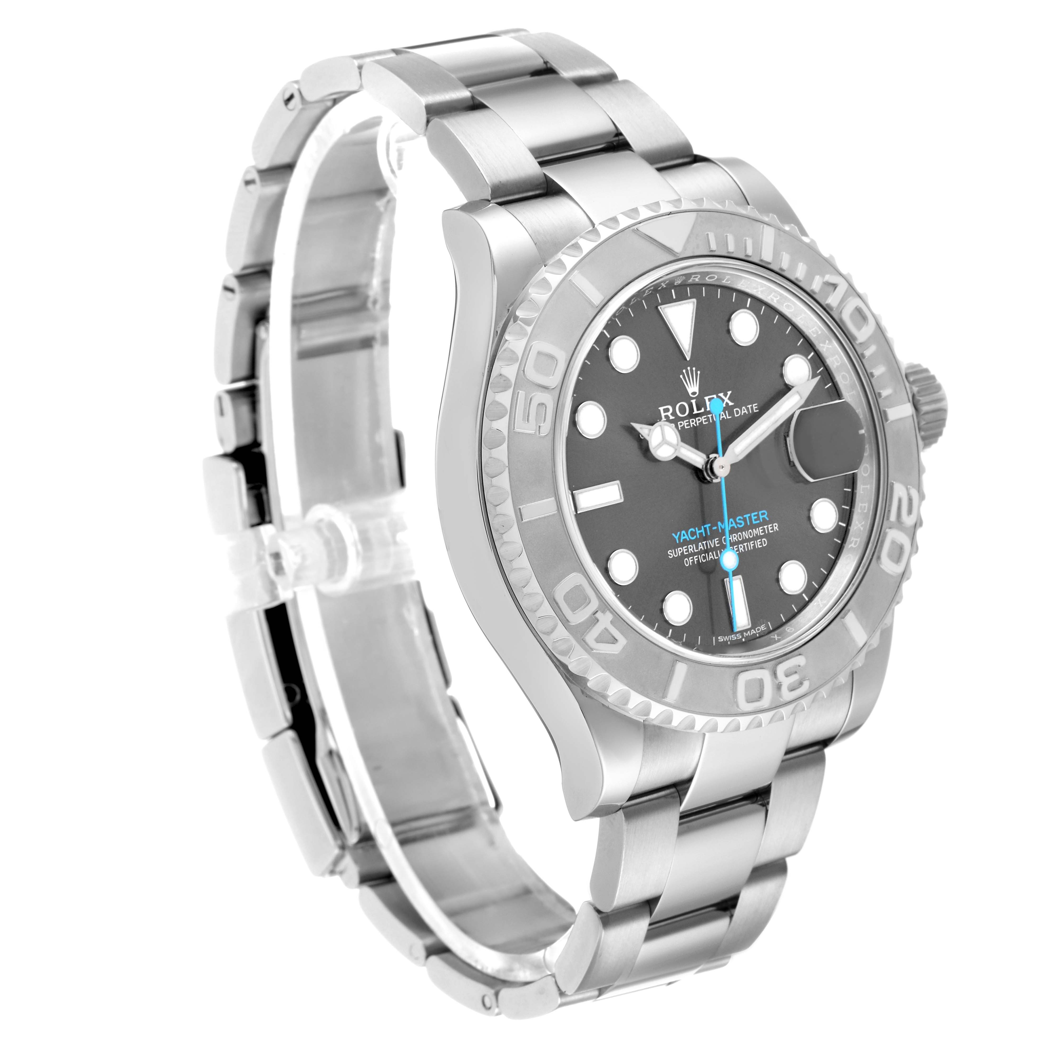 The Rolex Yacht-Master 116622 Men's Stainless Steel Grey Dial is shown at a three-quarter angle, highlighting the bezel, dial, and bracelet.