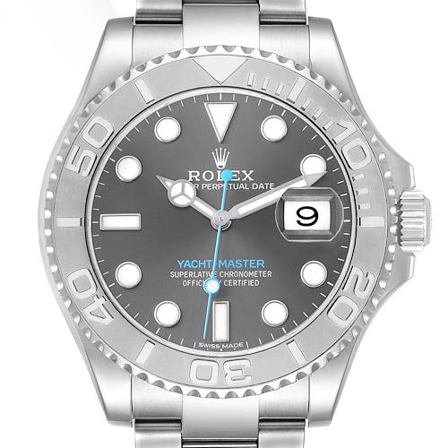 The Rolex Yacht-Master 116622 Men's Stainless Steel Grey Dial watch is shown from a front angle, revealing its face, bezel, and part of the bracelet.