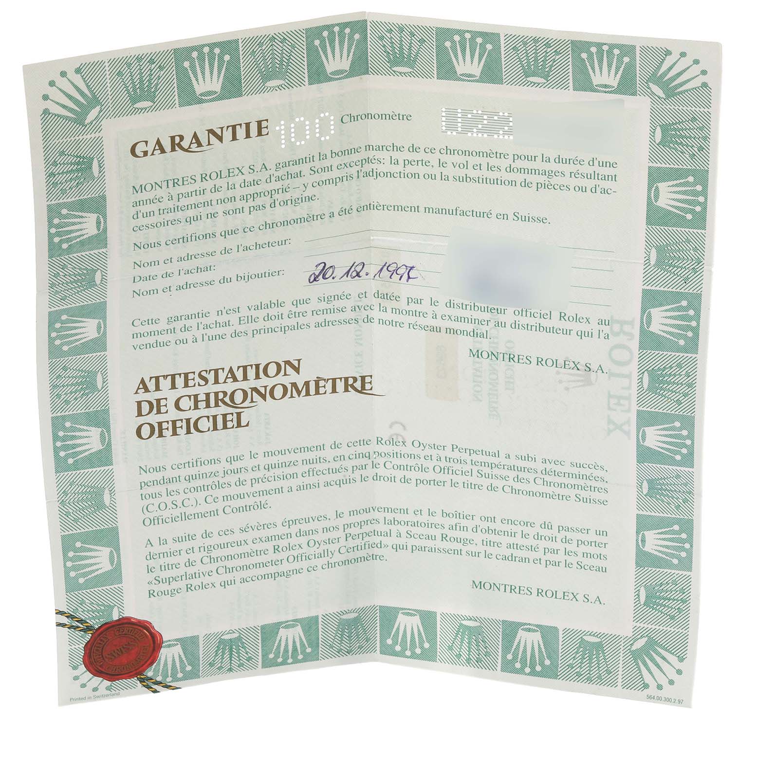 The image shows the warranty certificate for a Rolex Yacht-Master 69623 Women's Steel and Gold (two tone) Blue Dial 69623 Women's Steel and Gold (two tone) Blue Dial watch, featuring official documentation and seal.