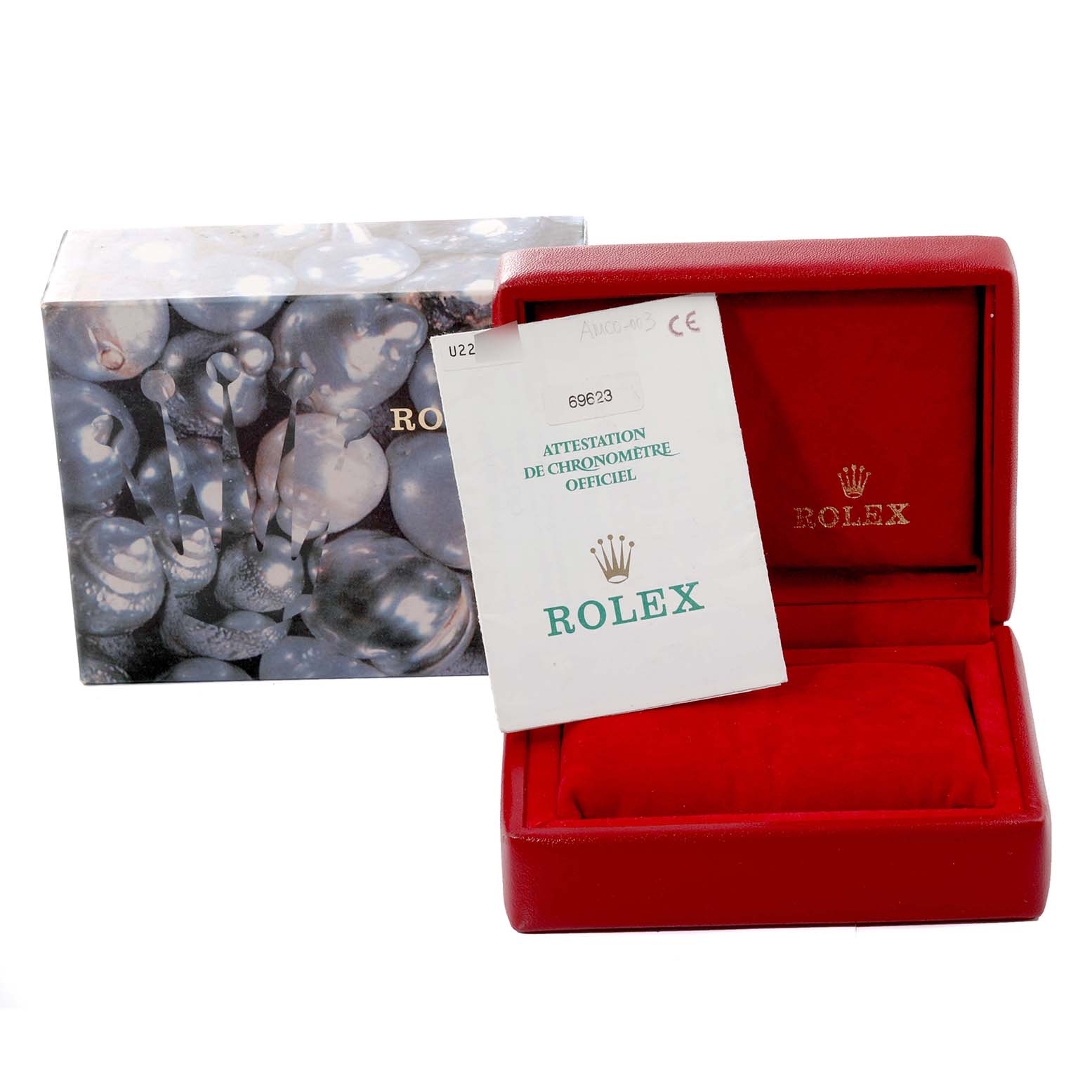 The image shows a Rolex Yacht-Master 69623 Women's Steel and Gold (two tone) Blue Dial 69623 Women's Steel and Gold (two tone) Blue Dial watch box, certificate, and outer box at a front-facing angle.