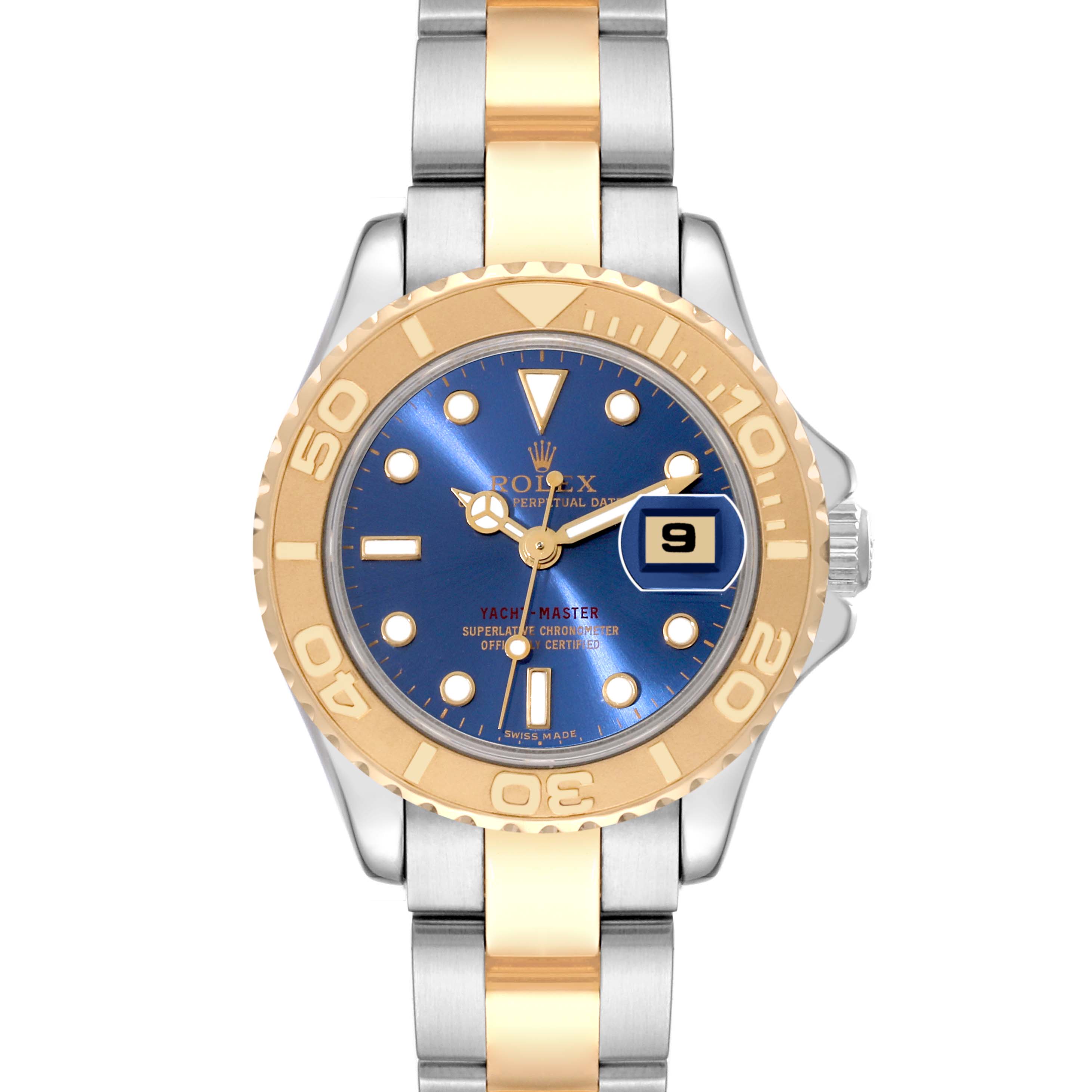 This Rolex Yacht-Master 69623 Women's Steel and Gold (two tone) Blue Dial 69623 Women's Steel and Gold (two tone) Blue Dial watch is shown from a front angle, highlighting the dial, bezel, and bracelet.
