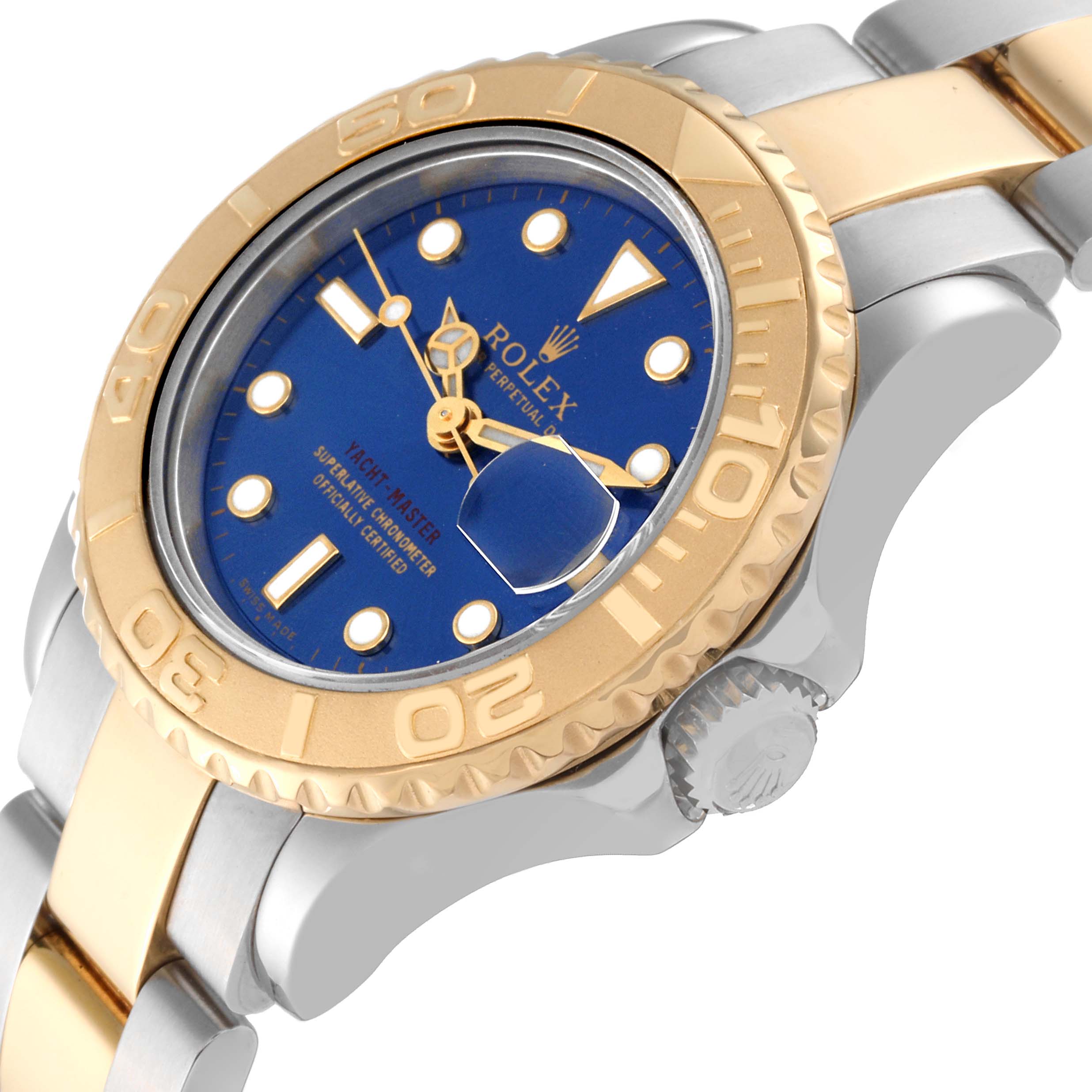 The image shows a close-up side angle of a Rolex Yacht-Master 69623 Women's Steel and Gold (two tone) Blue Dial 69623 Women's Steel and Gold (two tone) Blue Dial watch, highlighting the bezel, crown, and part of the bracelet.