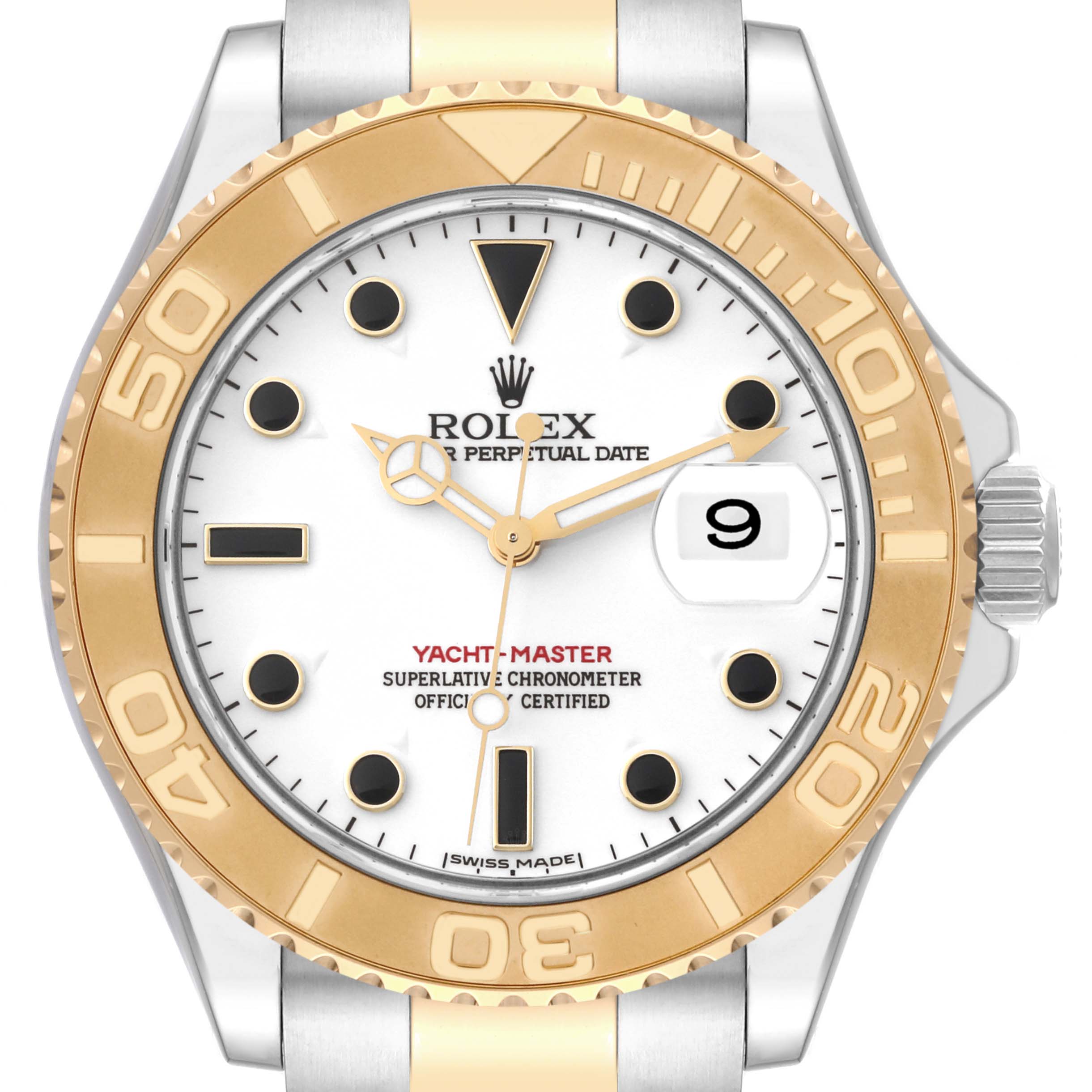 The image shows a front view of a Rolex Yacht-Master 16623 Men's Steel and Gold (two tone) White Dial 16623 Men's Steel and Gold (two tone) White Dial watch, highlighting the dial, bezel, crown, and part of the bracelet.