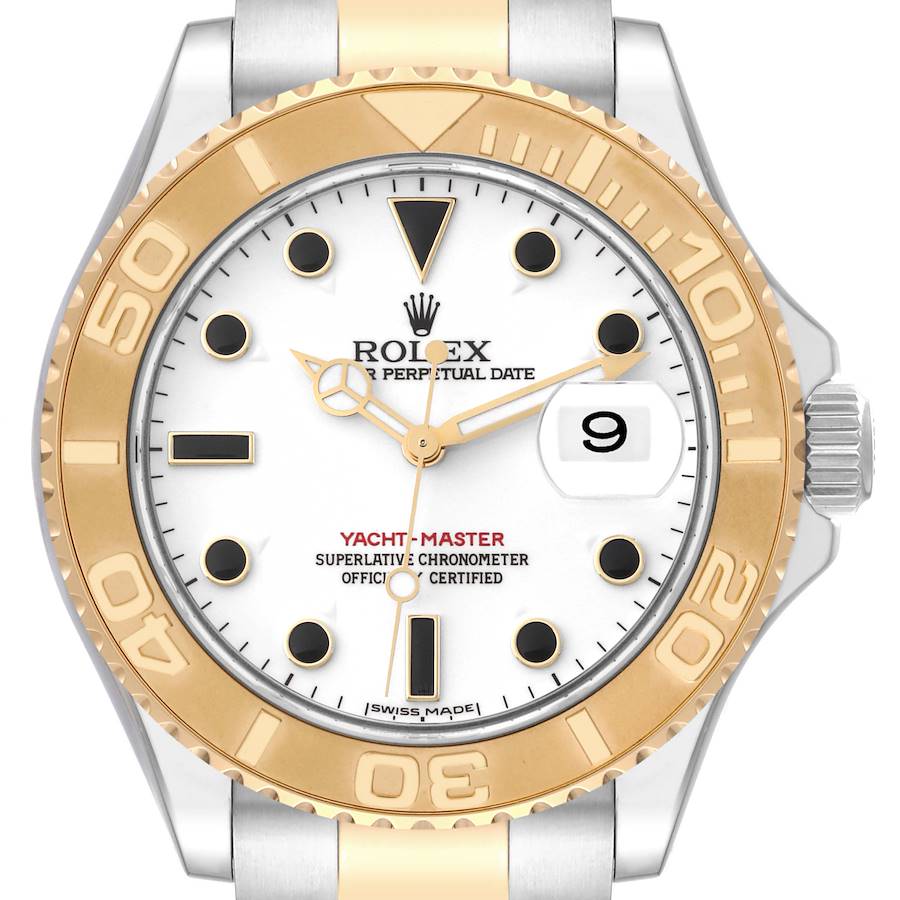 The image shows a front view of a Rolex Yacht-Master watch, highlighting the dial, bezel, crown, and part of the bracelet.