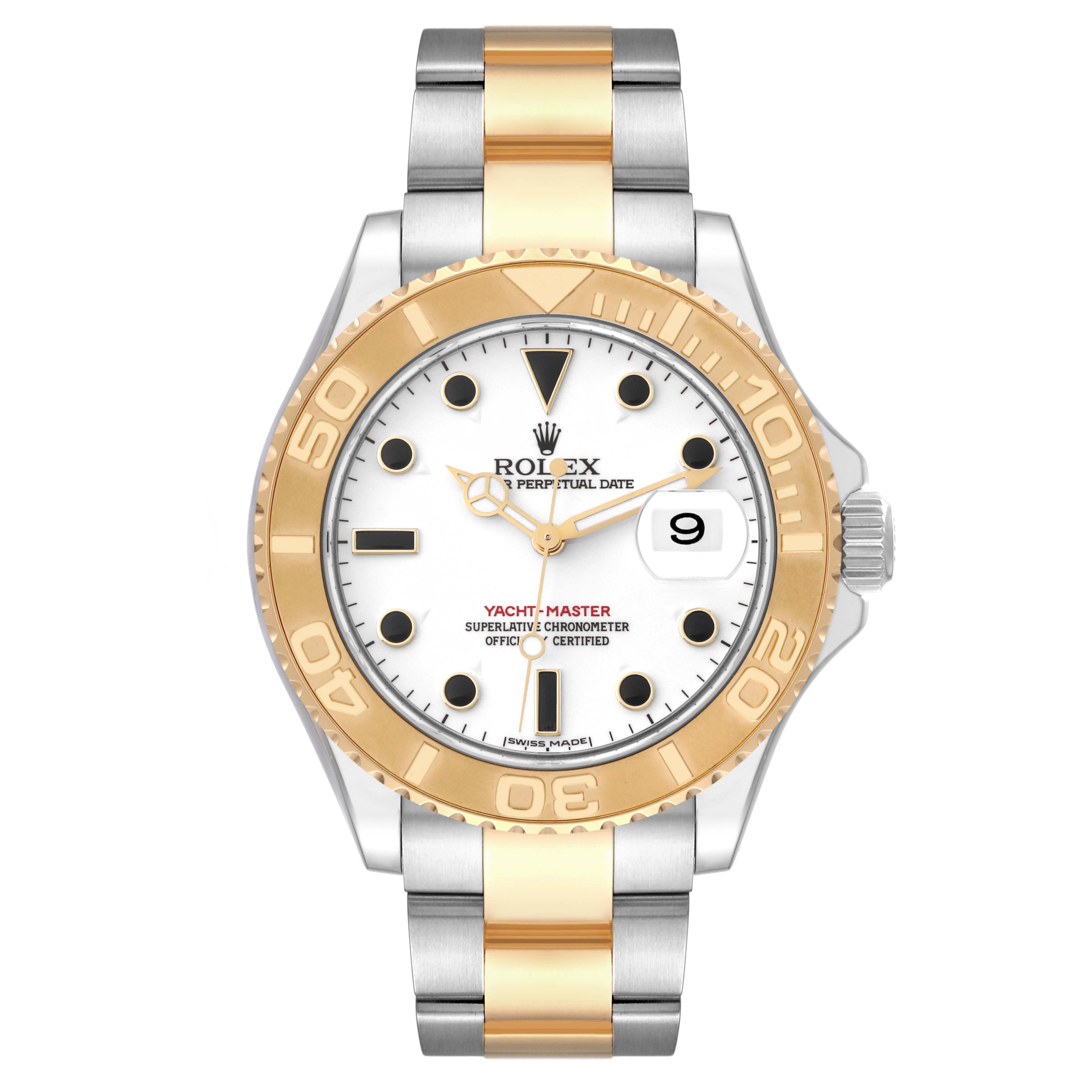 The image shows a Rolex Yacht-Master 16623 Men's Steel and Gold (two tone) White Dial 16623 Men's Steel and Gold (two tone) White Dial watch with a frontal view, detailing its bezel, dial, and bracelet.
