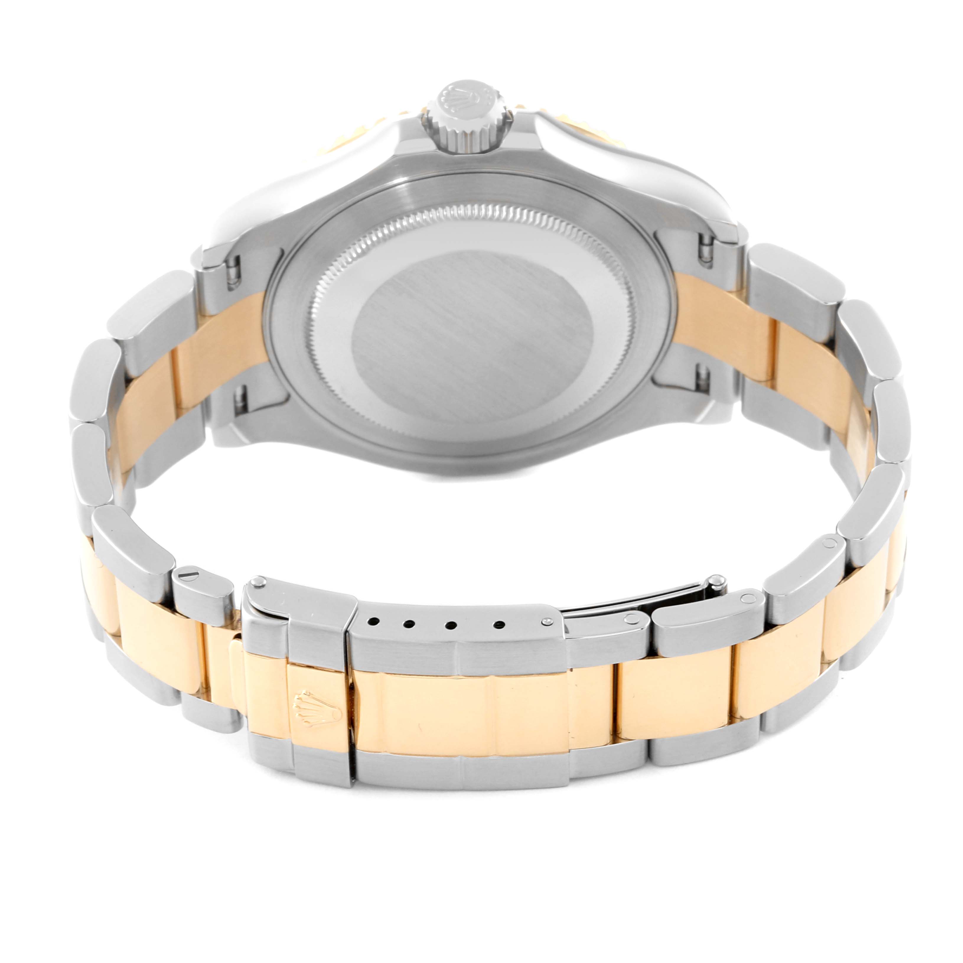 The image shows the back view of a Rolex Yacht-Master 16623 Men's Steel and Gold (two tone) White Dial 16623 Men's Steel and Gold (two tone) White Dial watch, highlighting the case back, crown, and two-tone bracelet.