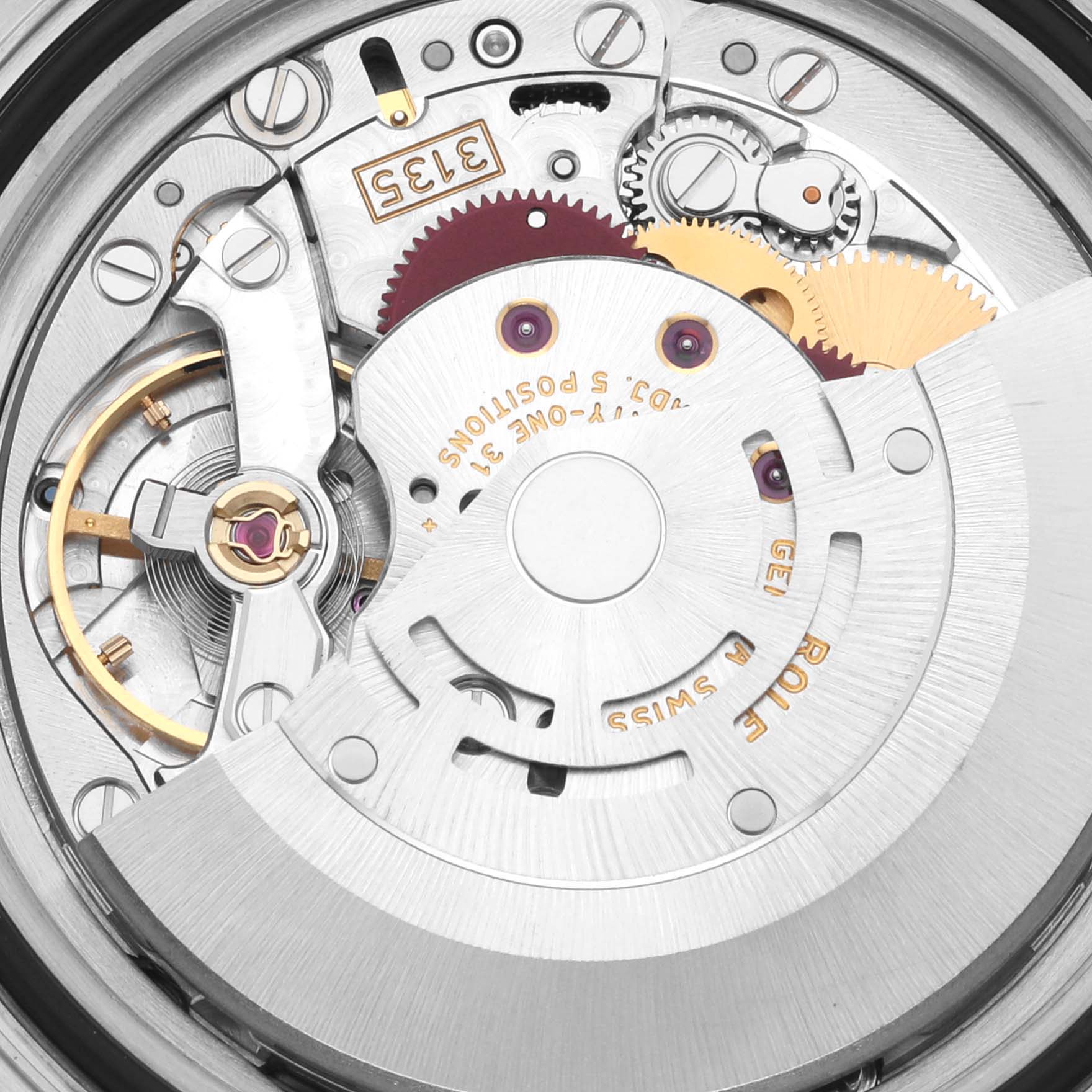 This image shows a close-up of the movement mechanism of a Rolex Yacht-Master 16623 Men's Steel and Gold (two tone) White Dial 16623 Men's Steel and Gold (two tone) White Dial watch from a top-down angle.