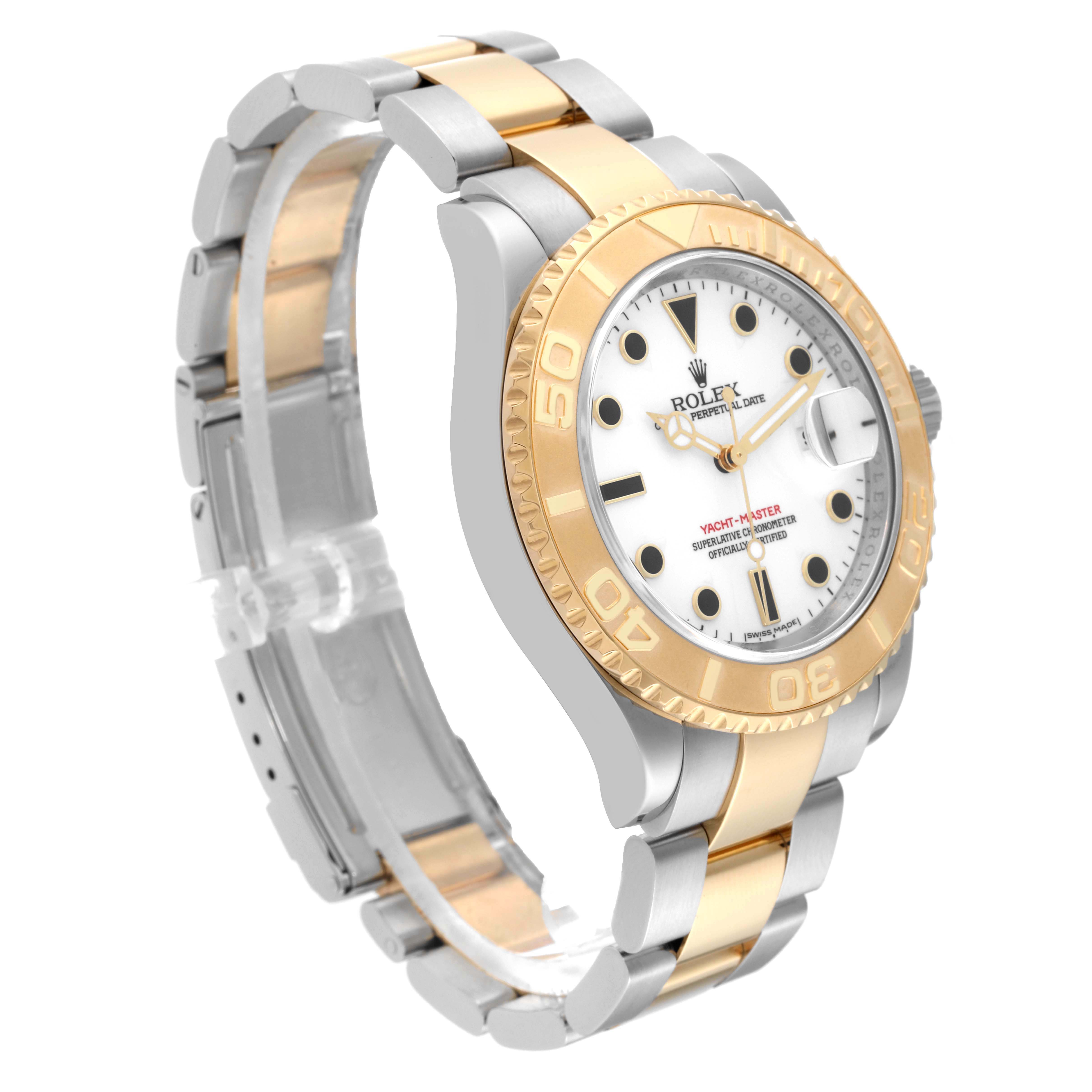 The Rolex Yacht-Master 16623 Men's Steel and Gold (two tone) White Dial 16623 Men's Steel and Gold (two tone) White Dial watch is shown at a three-quarter angle, highlighting the face, bezel, and gold-and-silver bracelet.
