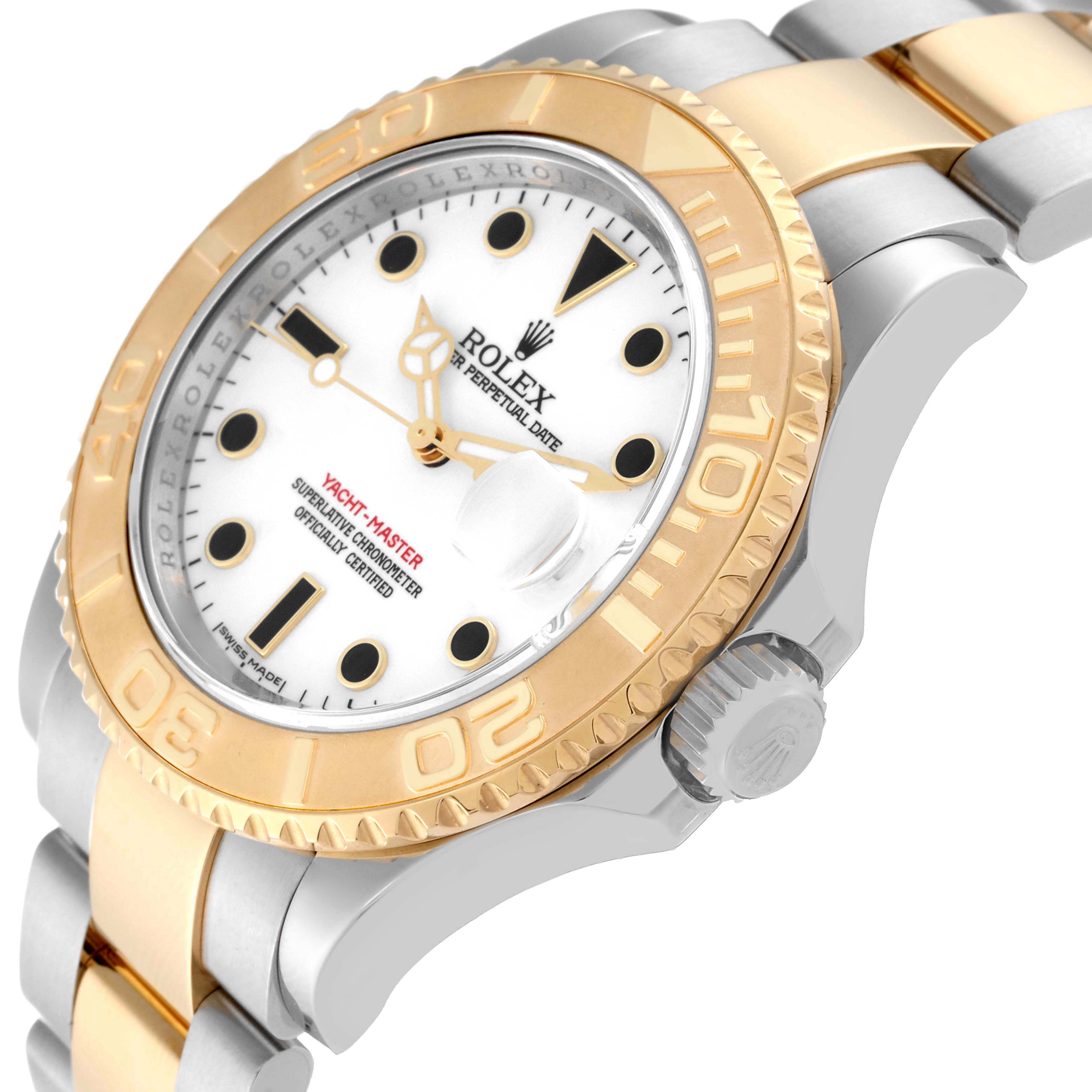 This image shows a Rolex Yacht-Master 16623 Men's Steel and Gold (two tone) White Dial 16623 Men's Steel and Gold (two tone) White Dial watch at an angled view, highlighting its gold bezel, white dial, and two-tone bracelet.