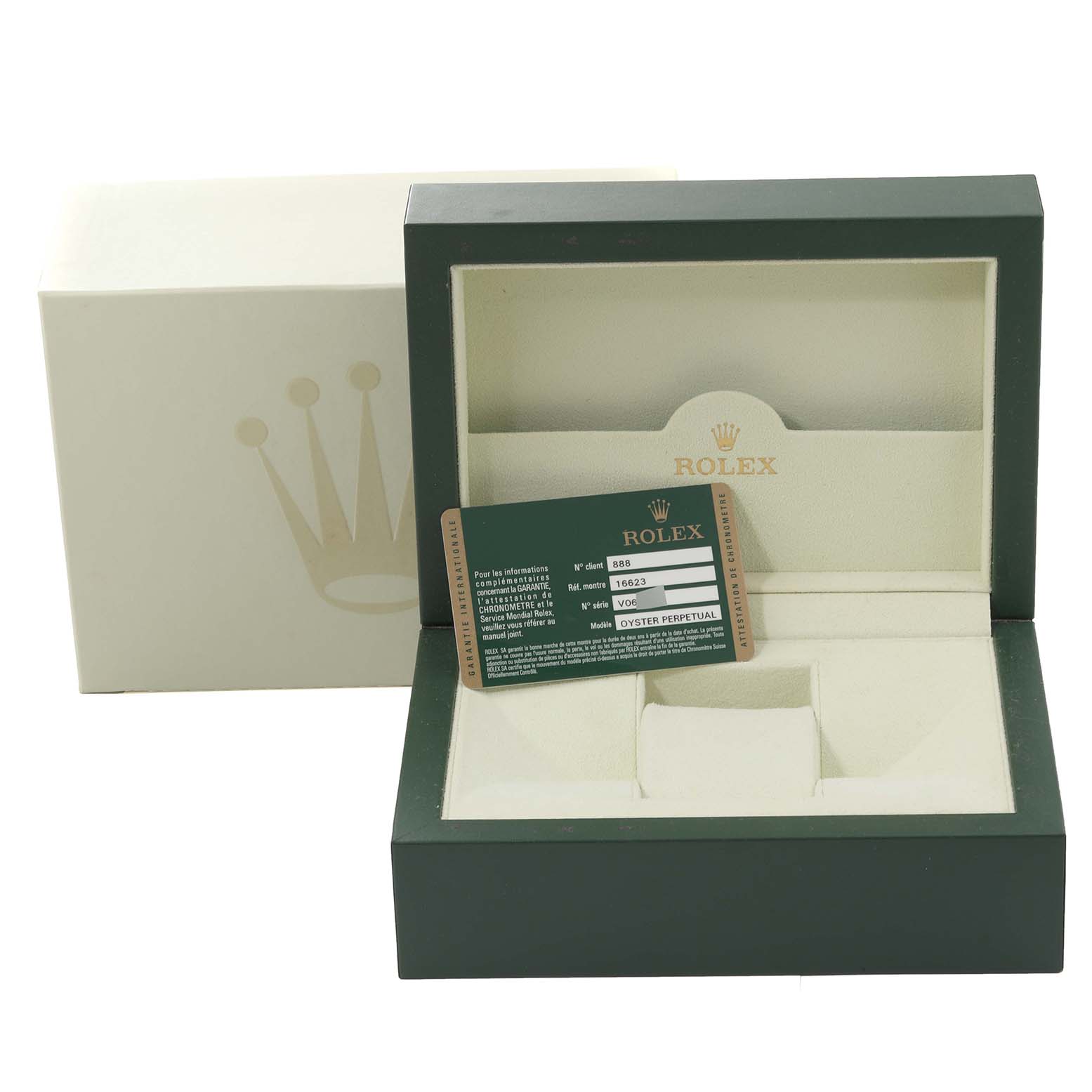 The image shows the open packaging box and authentication card for a Rolex Yacht-Master 16623 Men's Steel and Gold (two tone) White Dial 16623 Men's Steel and Gold (two tone) White Dial watch.