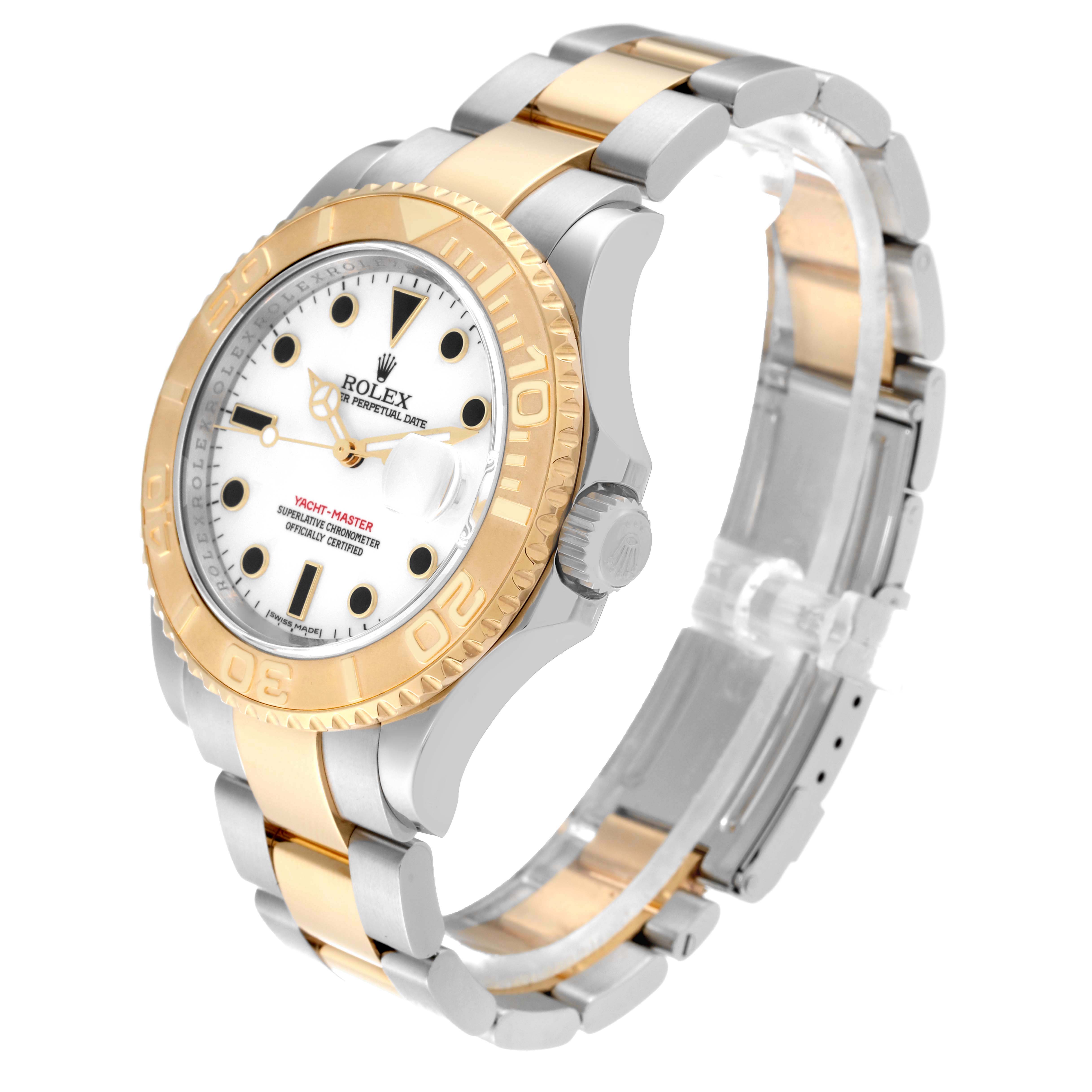 This image shows a three-quarter angled view of the Rolex Yacht-Master 16623 Men's Steel and Gold (two tone) White Dial 16623 Men's Steel and Gold (two tone) White Dial watch's face, bezel, and bracelet.