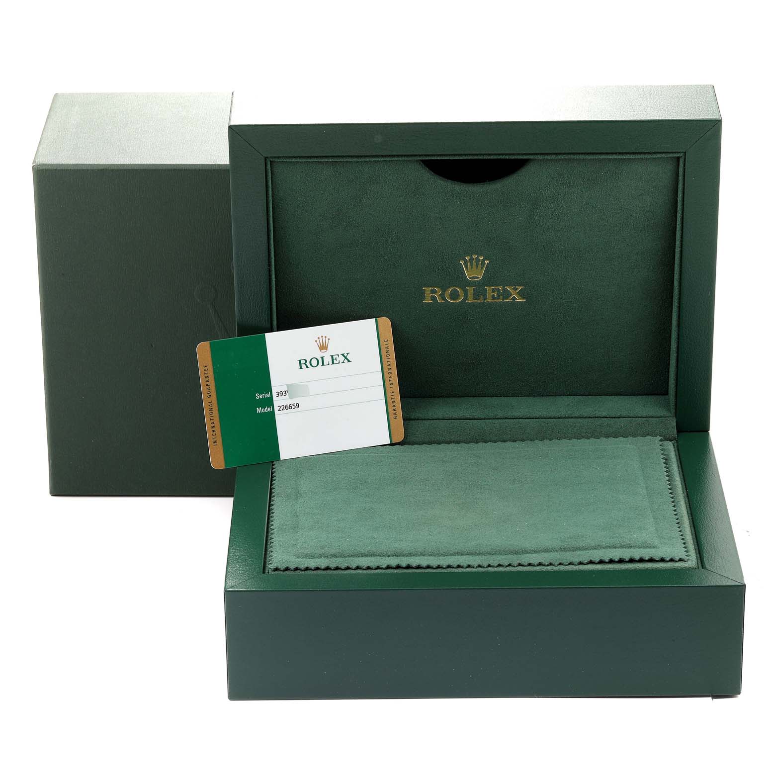 The image shows the open packaging box and identification card for the Rolex Yacht-Master 226659 Men's White Gold Black Dial 226659 Men's White Gold Black Dial model.