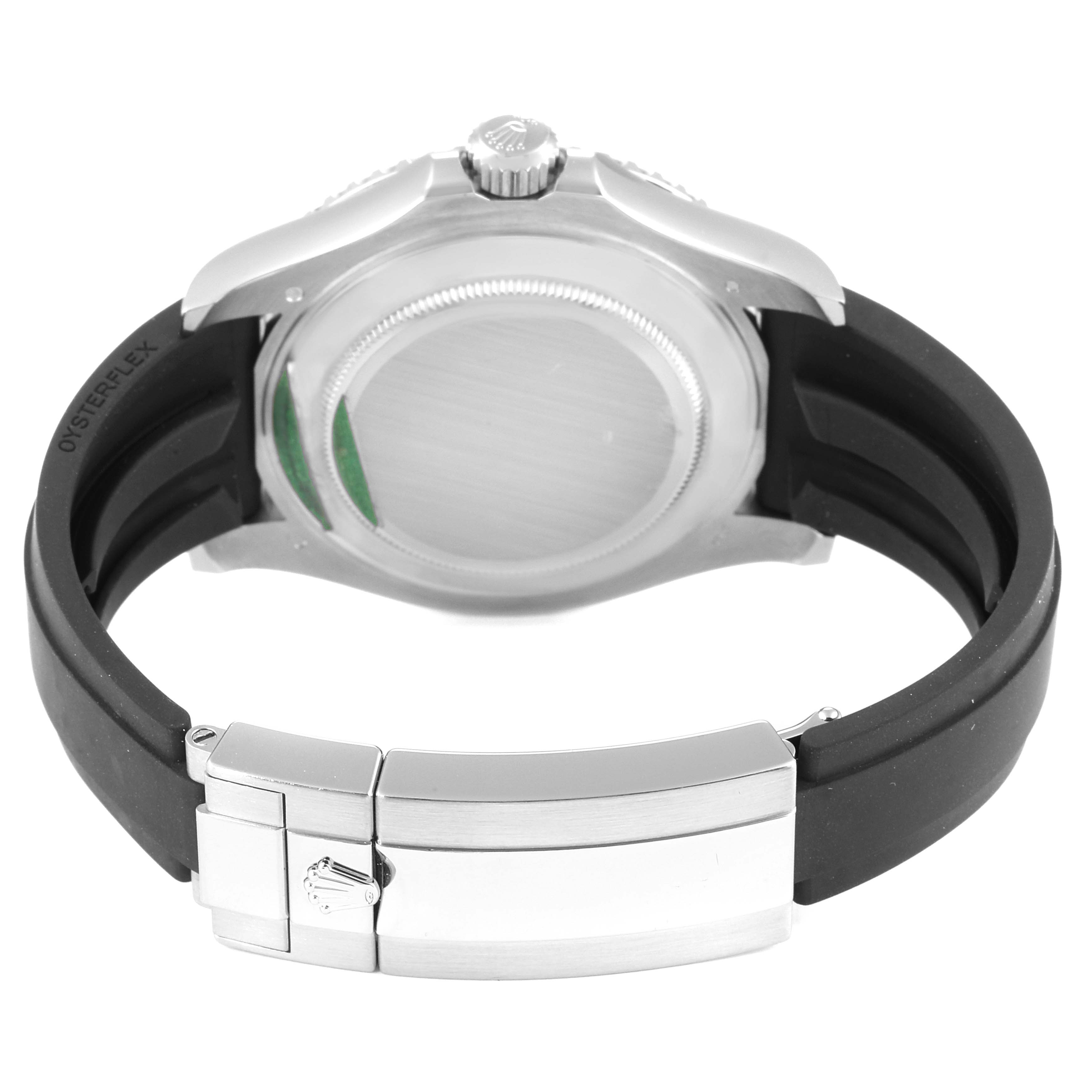 This image shows the back case, crown, and rubber strap of a Rolex Yacht-Master 226659 Men's White Gold Black Dial 226659 Men's White Gold Black Dial watch from a rear angle.