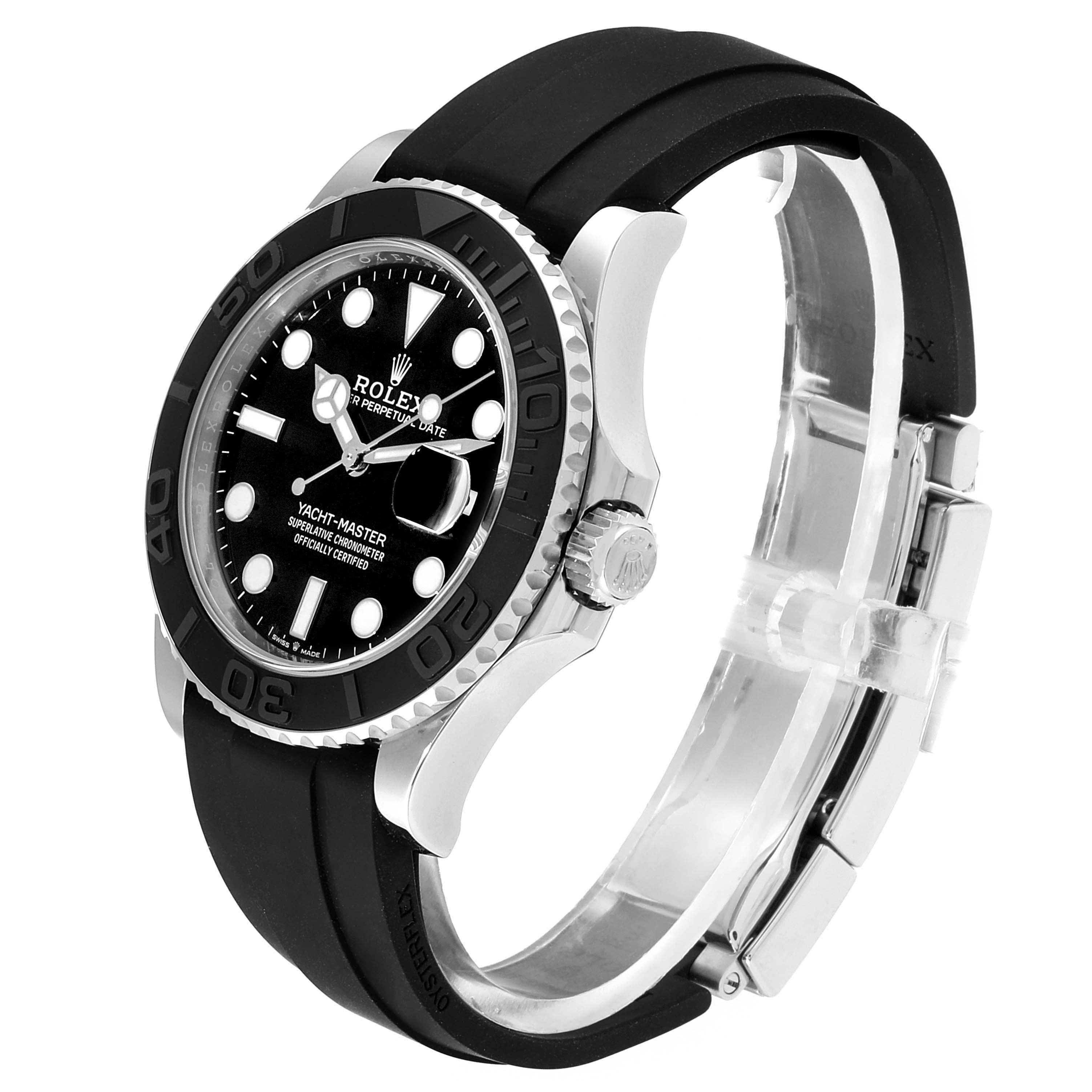The image shows a side-angle view of the Rolex Yacht-Master 226659 Men's White Gold Black Dial 226659 Men's White Gold Black Dial watch, highlighting its face, bezel, crown, and bracelet.