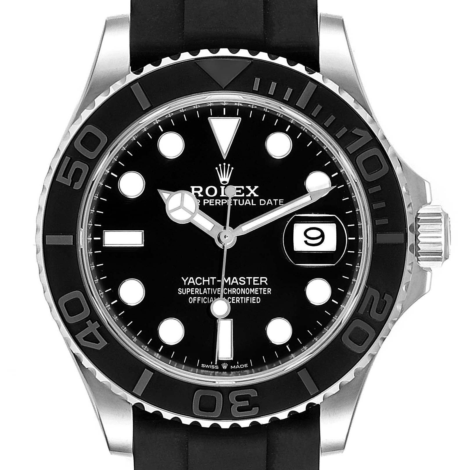 The image shows a front view of a Rolex Yacht-Master 226659 Men's White Gold Black Dial 226659 Men's White Gold Black Dial watch, highlighting its dial, bezel, hands, and date display.