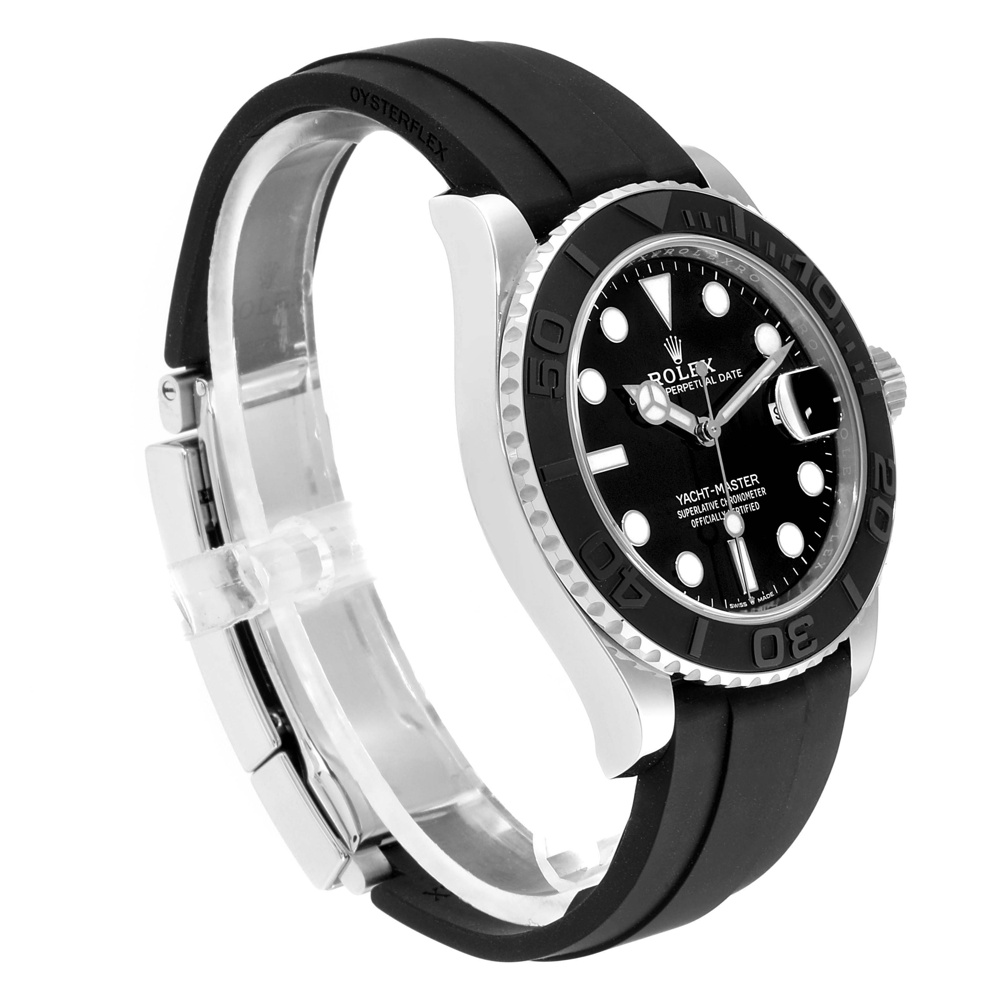 The Rolex Yacht-Master 226659 Men's White Gold Black Dial 226659 Men's White Gold Black Dial watch is shown at a side angle, displaying the face, bezel, crown, and strap.